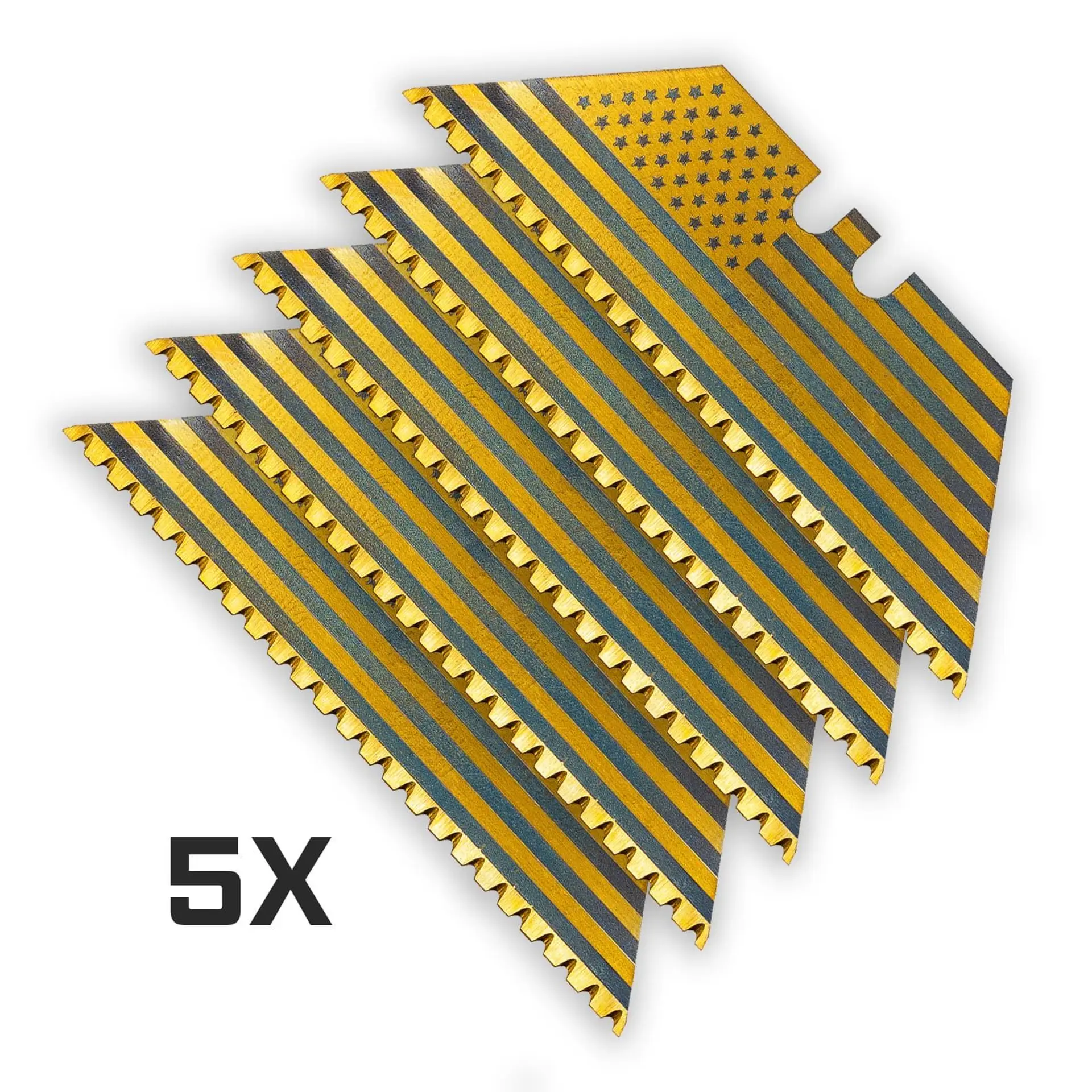 USA Flag 24-Point GOLD MICRO-SERRATED Razor Blades (Premium TITANIUM Coated SK5 Utility Knife Blades) 5-Pack or 10-Pack