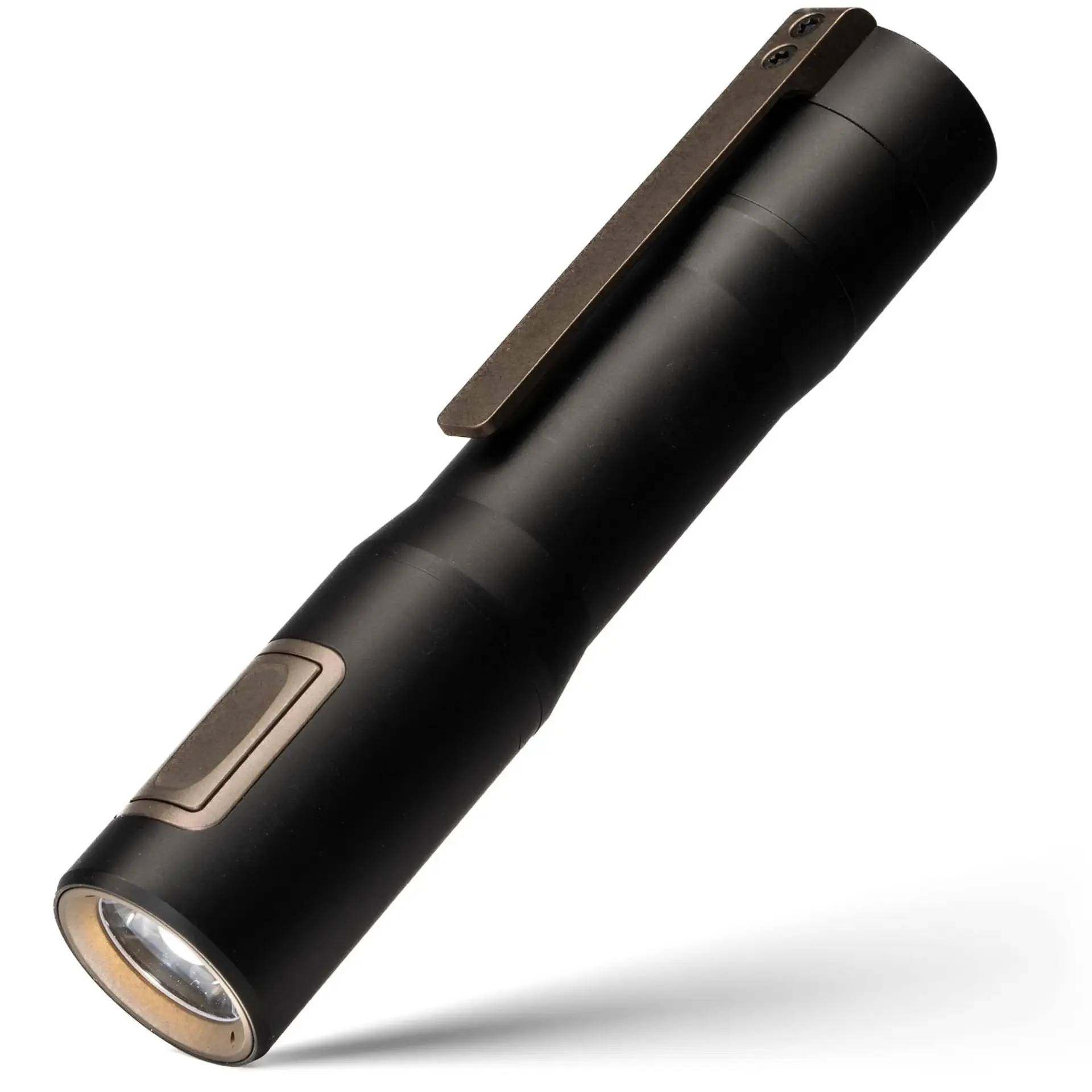RAMPANT™ R8 EDC Flashlight (Works Edition BRONZE Ti ANO Clip + Button + Bezel + Jet-Black Aluminum) 1300+ LUMENS Nichia 519A