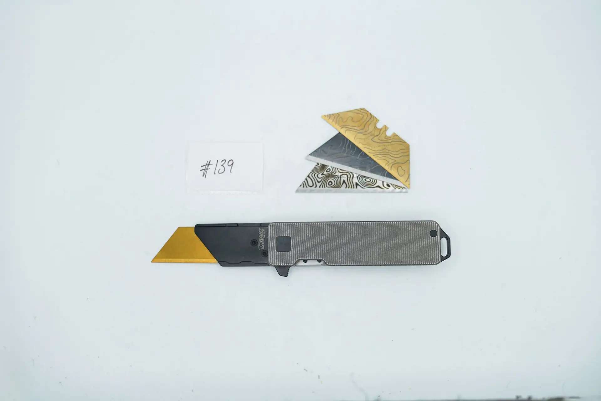 BUILD #139 — Condition 10/10 — TiRant RAZOR V3 Stonewashed Titanium + Jet-Black PVD + USA-Milled RARW SWERVE-Slash RH Handle + 38MM Mini Clip + 3X Custom Laser Engraved Razor Blades From The ToolRoom