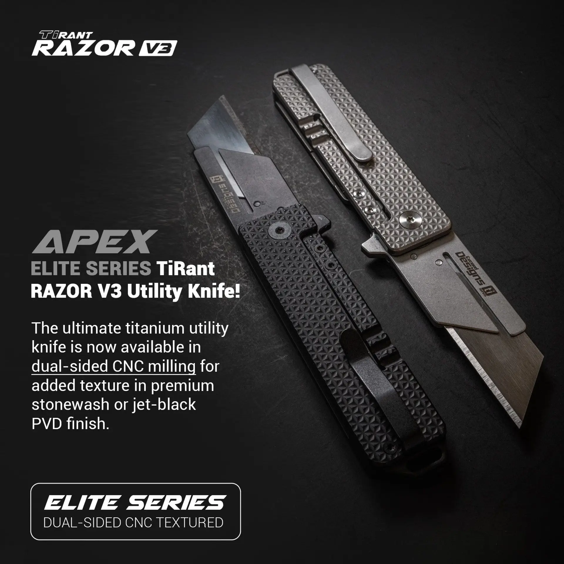 TiRant® RAZOR V3 Utility Knife (Jet-Black 6AL-4V Titanium) Dual APEX Edition – Complete
