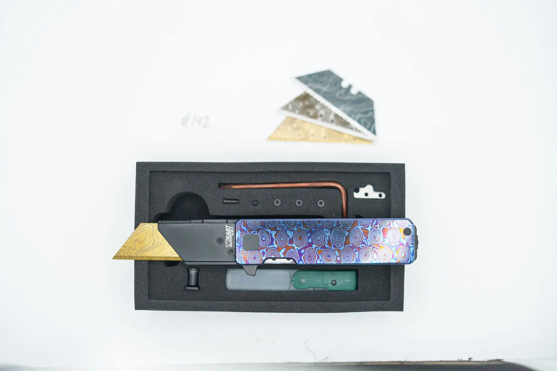 BUILD #142 — Condition 9/10 — TiRant RAZOR V3 Grade A/B (Multi-Layered Forged Titanium + Torch ANO) TiMascus +Pre-installed PRO Clip Assembly + 3X Custom Laser Engraved Razor Blades From The ToolRoom