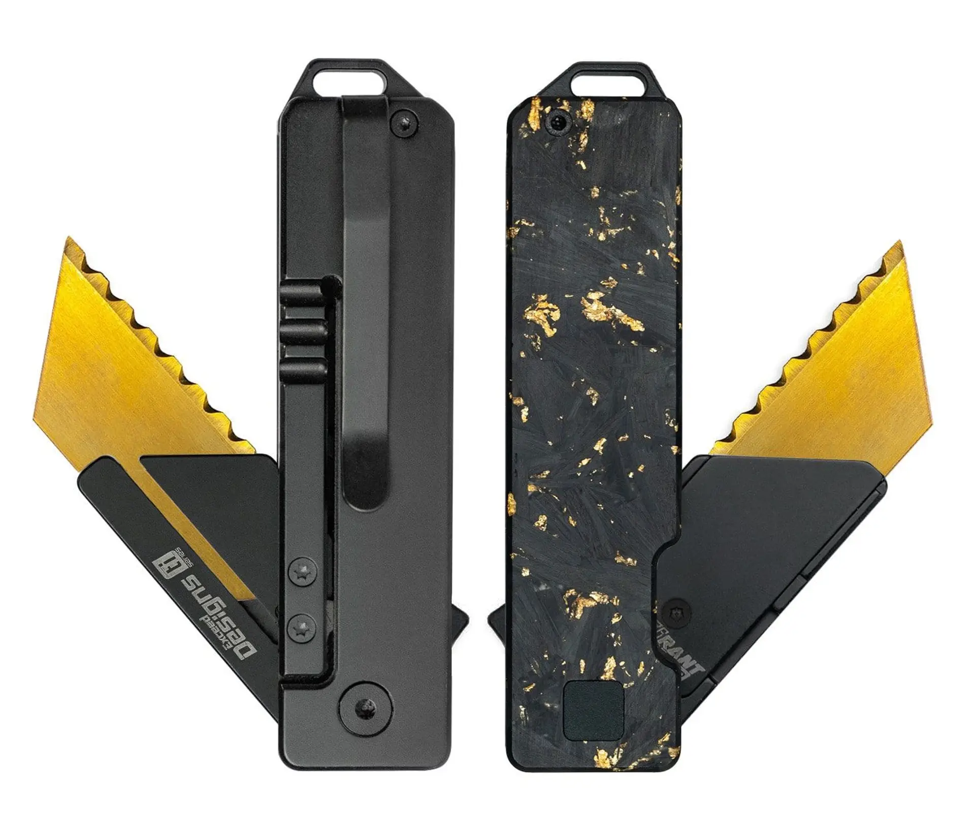 TiRant® RAZOR V3 Utility Knife (Jet-Black 6AL-4V Titanium) RH-SIDE Forged Carbon Fiber GOLD FLAKE Edition