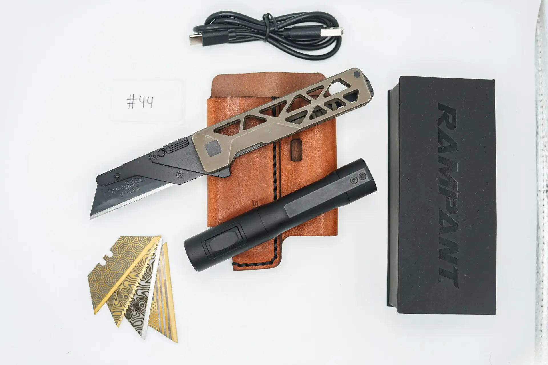 BUILD #44 Combo — Condition 8/10 — Centurion Bronze TiRant ULTRA W/Black Hardware + 3X Custom Laser Engraved Razor Blades + 10/10 Jet-Black 519a Rampant R4 Aluminum Flashlight + 10/10 Prototype Brown Leather FieldPro Pocket Organizer