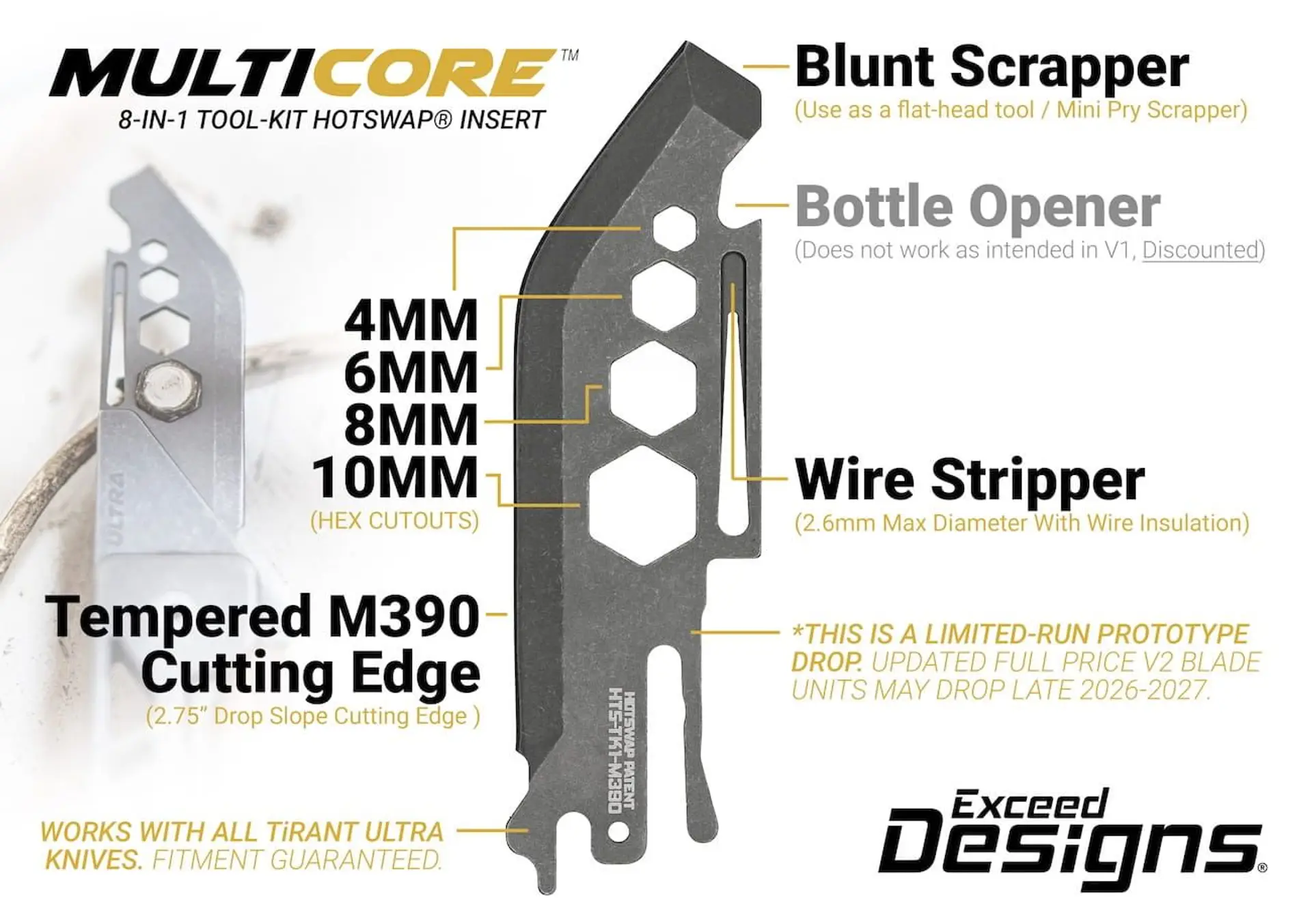 TiRant ULTRA HotSwap® V1 MultiCore 8-IN-1 Tool-Kit Blade Replacement (Jet-Black PVD 1.5mm Thick M390 Tempered HRC 62) Limited-Edition R&D Prototype Drop