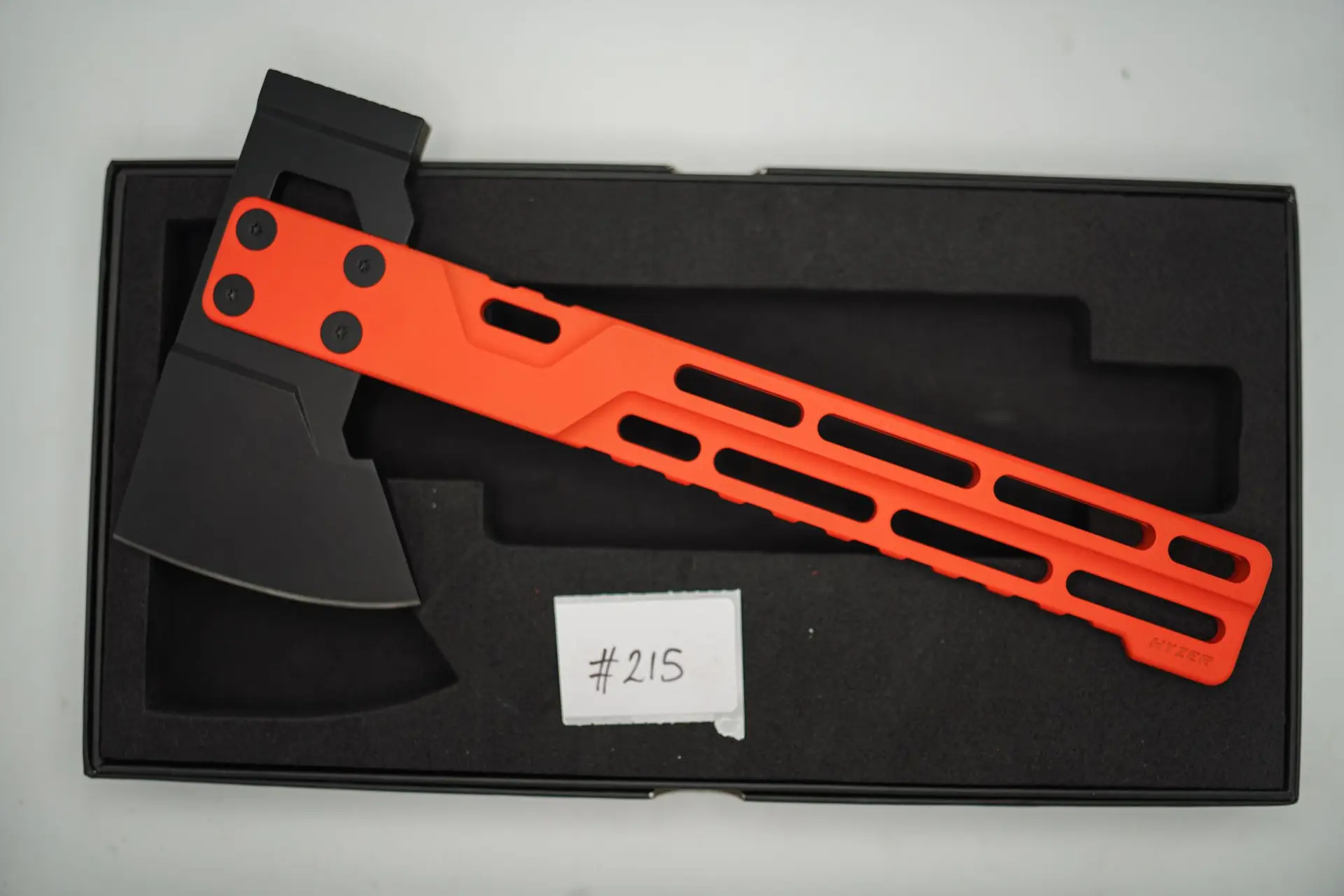 BUILD #215 — Condition 10/10 — HYZER Titanium Hatchet (FULL SIZE) – RARE Hunter Orange Cerakote Titanium Handle + Light Weight Jet-Black PVD D2 Head (Sheath Purchased Separately)
