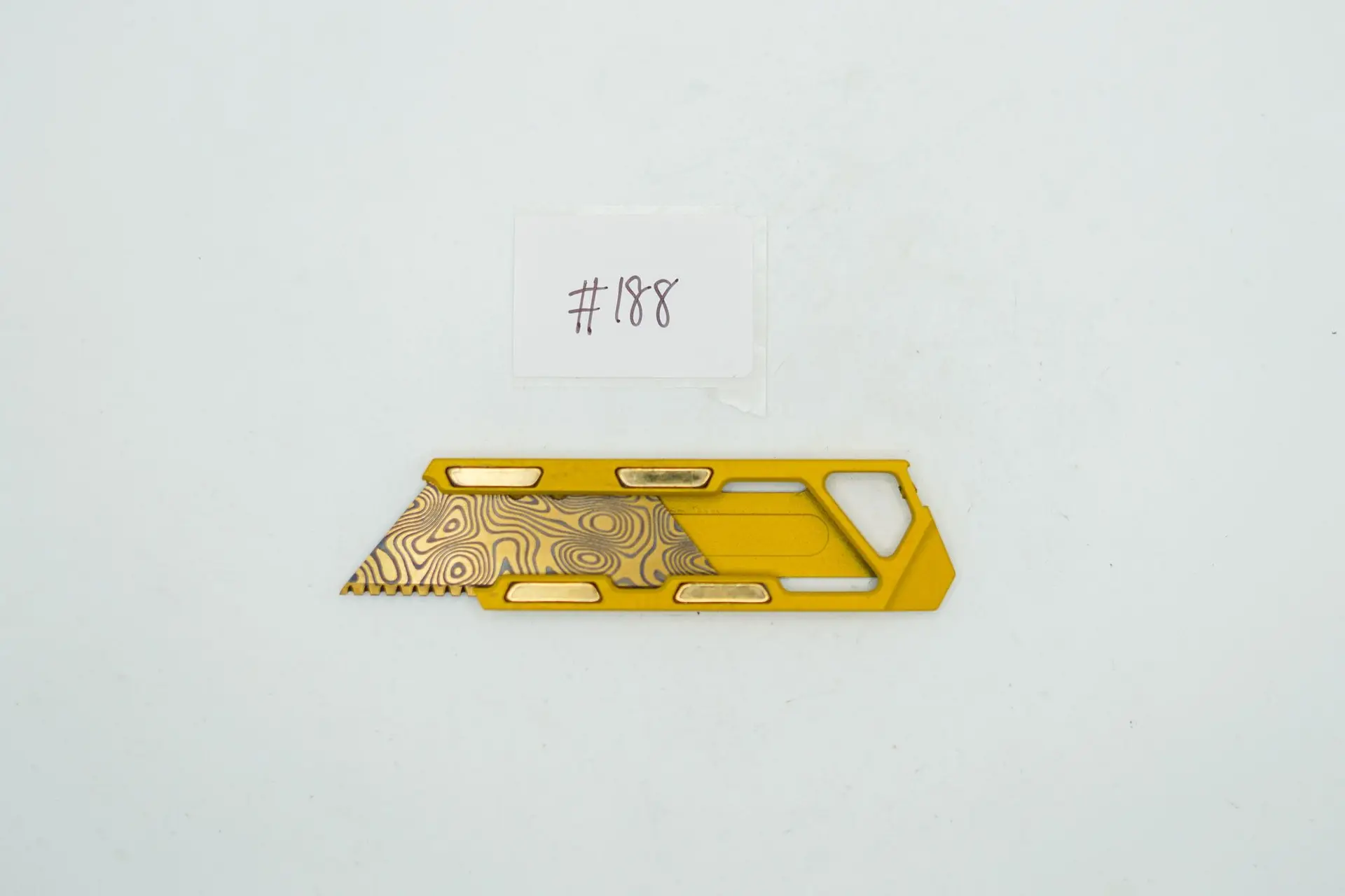 BUILD #188 Condition 4/10 — TiRant RAZOR-M MacLock Edition 2.0 (24K Gold Magnets) + Sungold Cerakote Blem (See Photo For Exact Final Result) Broken Screw, No Clip + Custom Gold Laser Engraved Razor Blade