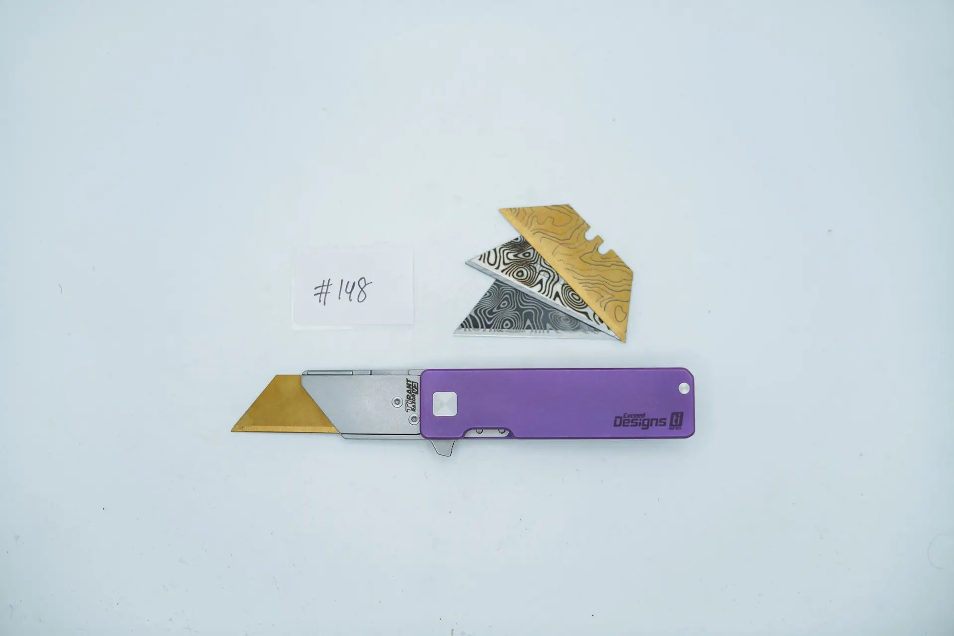 BUILD #148 — Condition 9/10 — TiRant RAZOR V3 Smooth + Custom Electro-Etch & Dip Purple ANO + 38mm Mini Clip + Flush Rear Spacer + 3X Custom Laser Engraved Razor Blades From The ToolRoom