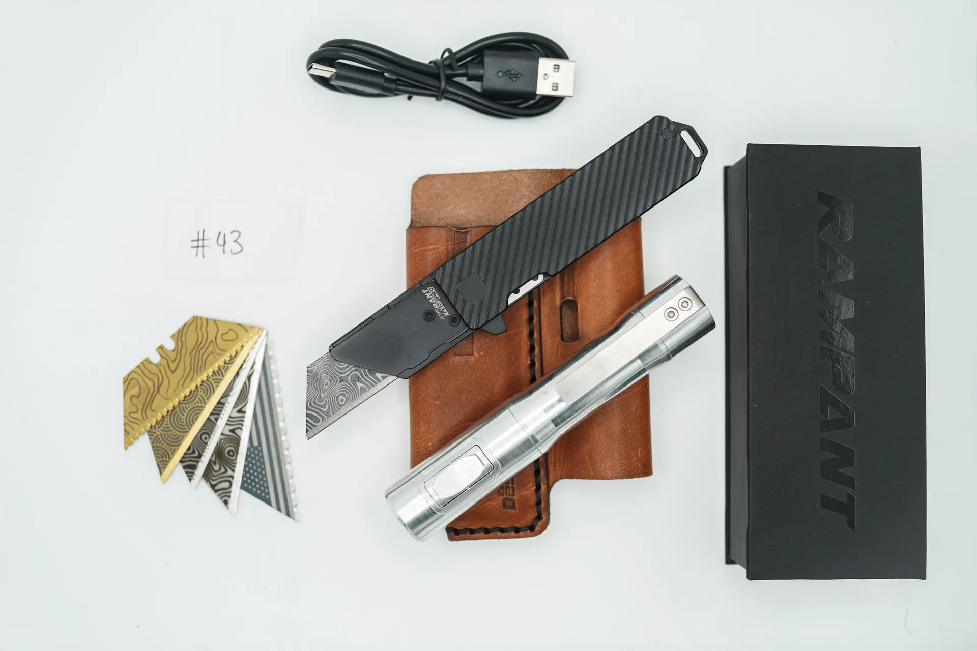 BUILD #43 Combo — Condition 10/10 — Jet-Black PVD TiRant Razor V3 50/50 RH Slash Edition W/PRO Blade Holder + 5X Custom Laser Engraved Razor Blades + 10/10 RAW 519a Rampant R4 Aluminum Flashlight + 9/10 Prototype Brown Leather FieldPro Pocket Organizer