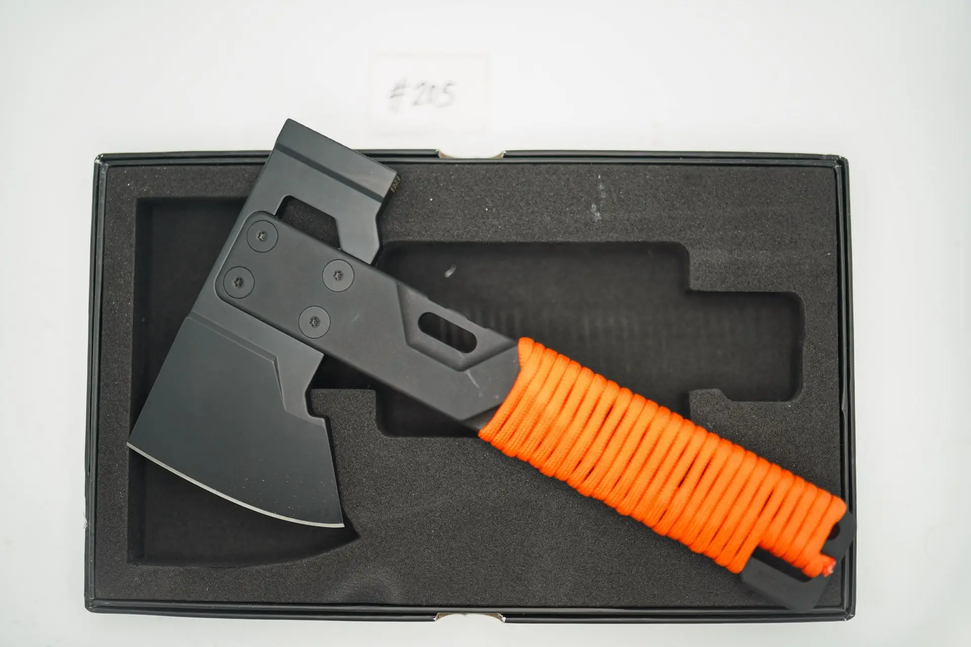 BUILD #205 — Condition 9/10 — HYZER Titanium Hatchet (MINI SIZE) – Jet-Black PVD W/Lightweight Head + W/Custom Hunter ORANGE Paracord Wrap (Sheath Purchased Separately)