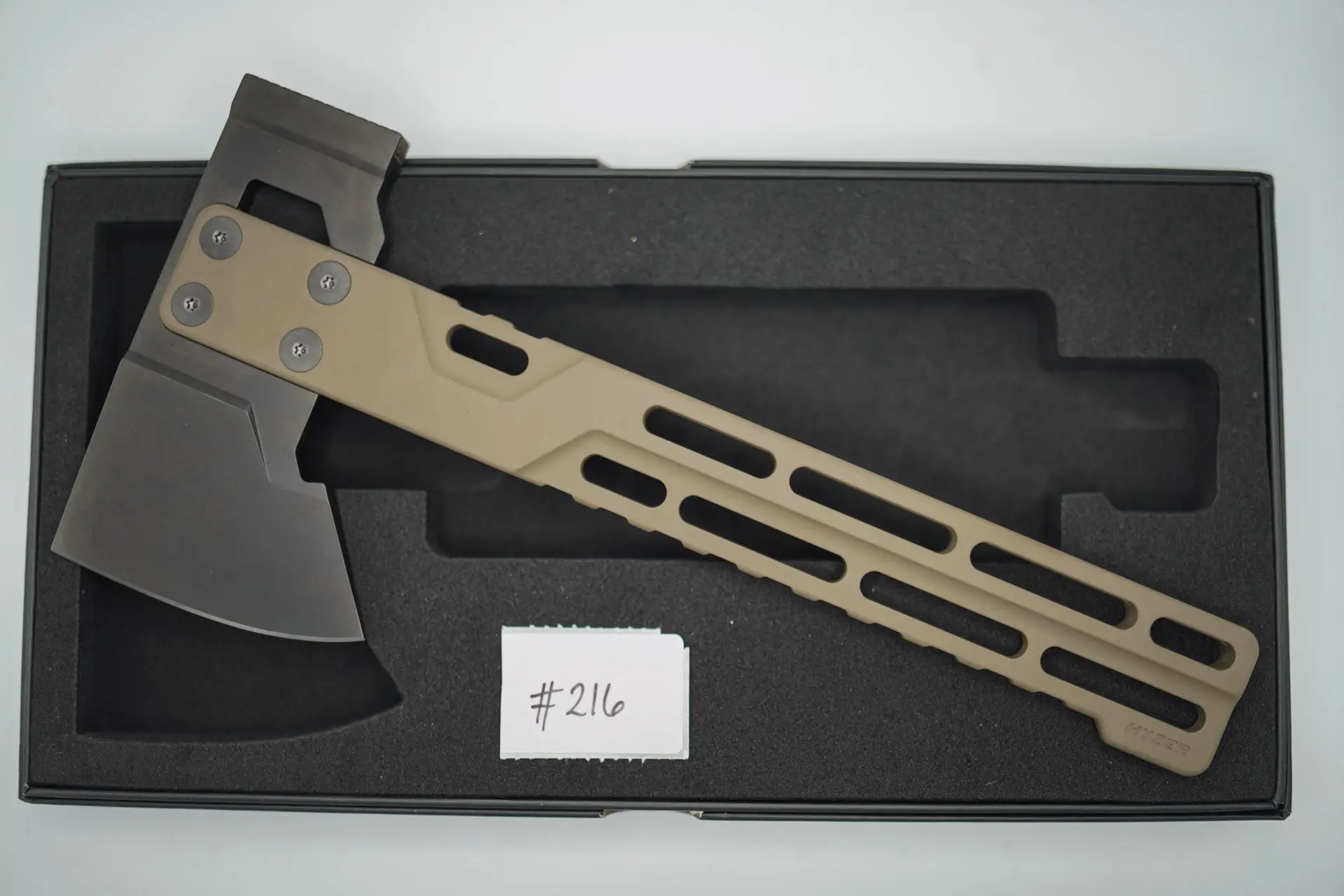 BUILD #216 — Condition 10/10 — HYZER Titanium Hatchet (FULL SIZE) – RARE FDE Tan Cerakote Titanium Handle + Light Weight Dark Grey DLC D2 Head (Sheath Purchased Separately)