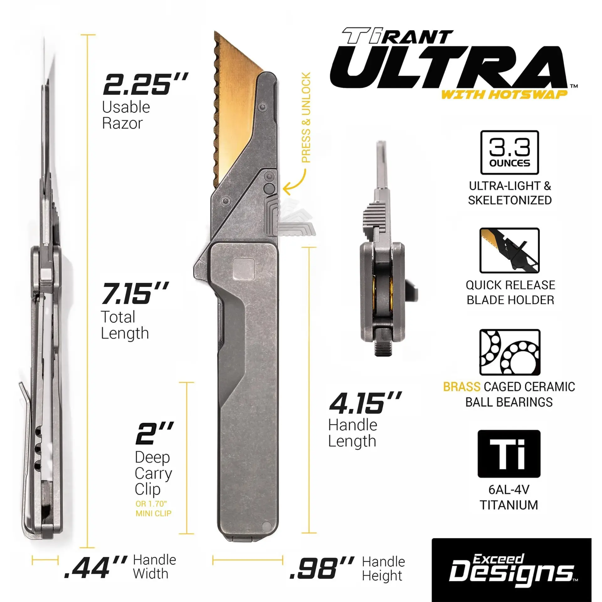 TiRant® ULTRA Utility Knife W/HotSwap™ Blade Replacements (Stonewashed 6AL-4V Titanium)