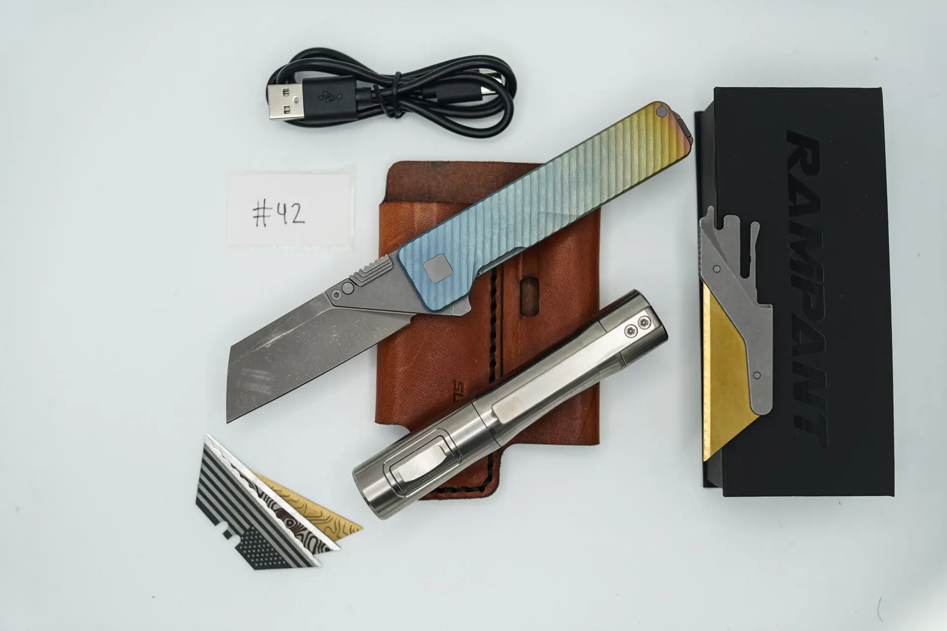 BUILD #42 Combo — Condition 9/10 — TiRant ULTRA Deep Slash + AMBER AQUA Fade Custom Ti And Work + Surface Blem M390 2.5mm Extra-Thick Blade + 3X Custom Laser Engraved Razor Blades + 10/10 RAW 519a Rampant R4 Titanium Flashlight + 9/10 Prototype Brown Leather FieldPro Pocket Organizer