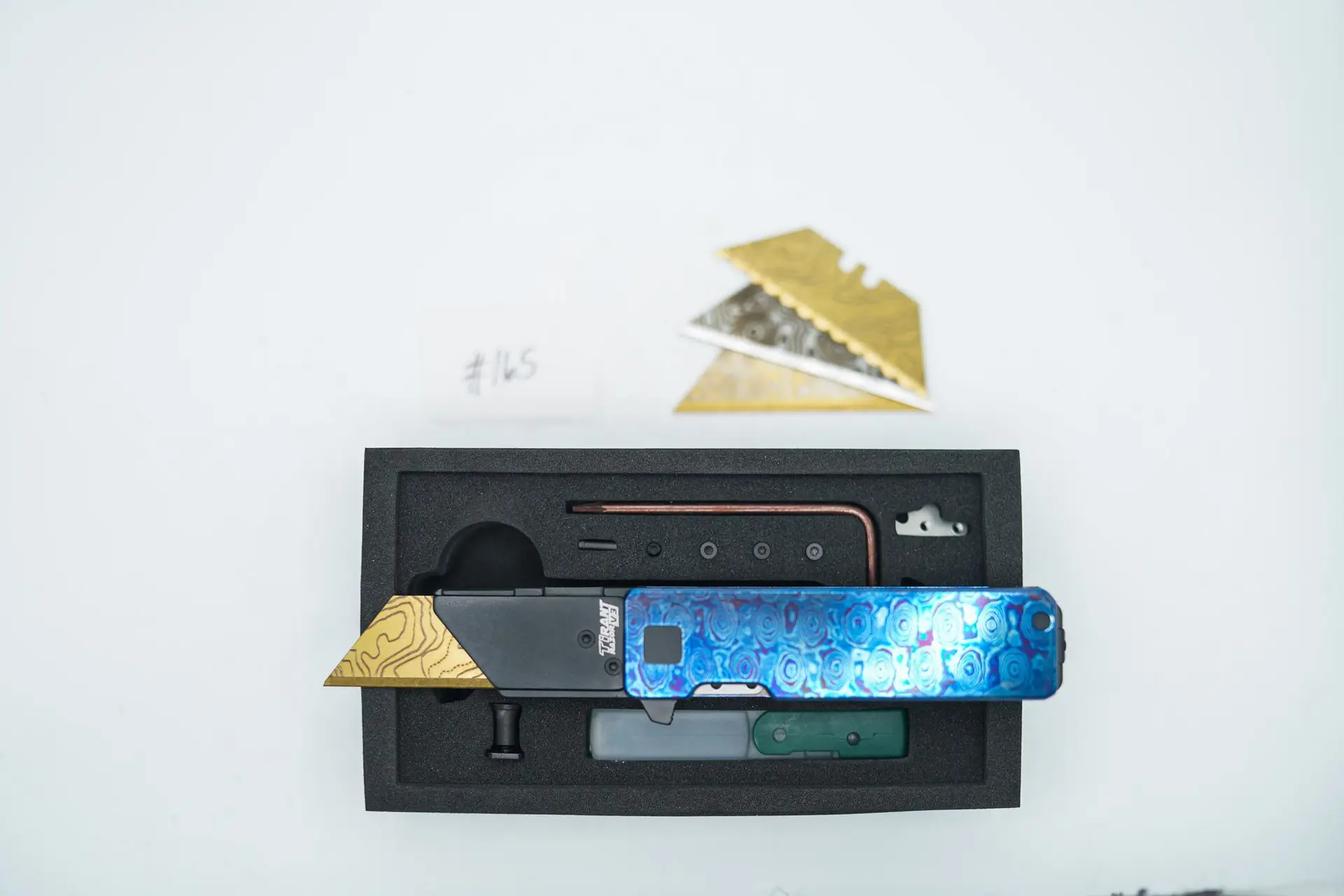 BUILD #165 — Condition 7/10 — TiRant RAZOR V3 Grade B (Multi-Layered Forged Titanium + Torch ANO) TiMascus + 3X Custom Laser Engraved Razor Blades From The ToolRoom