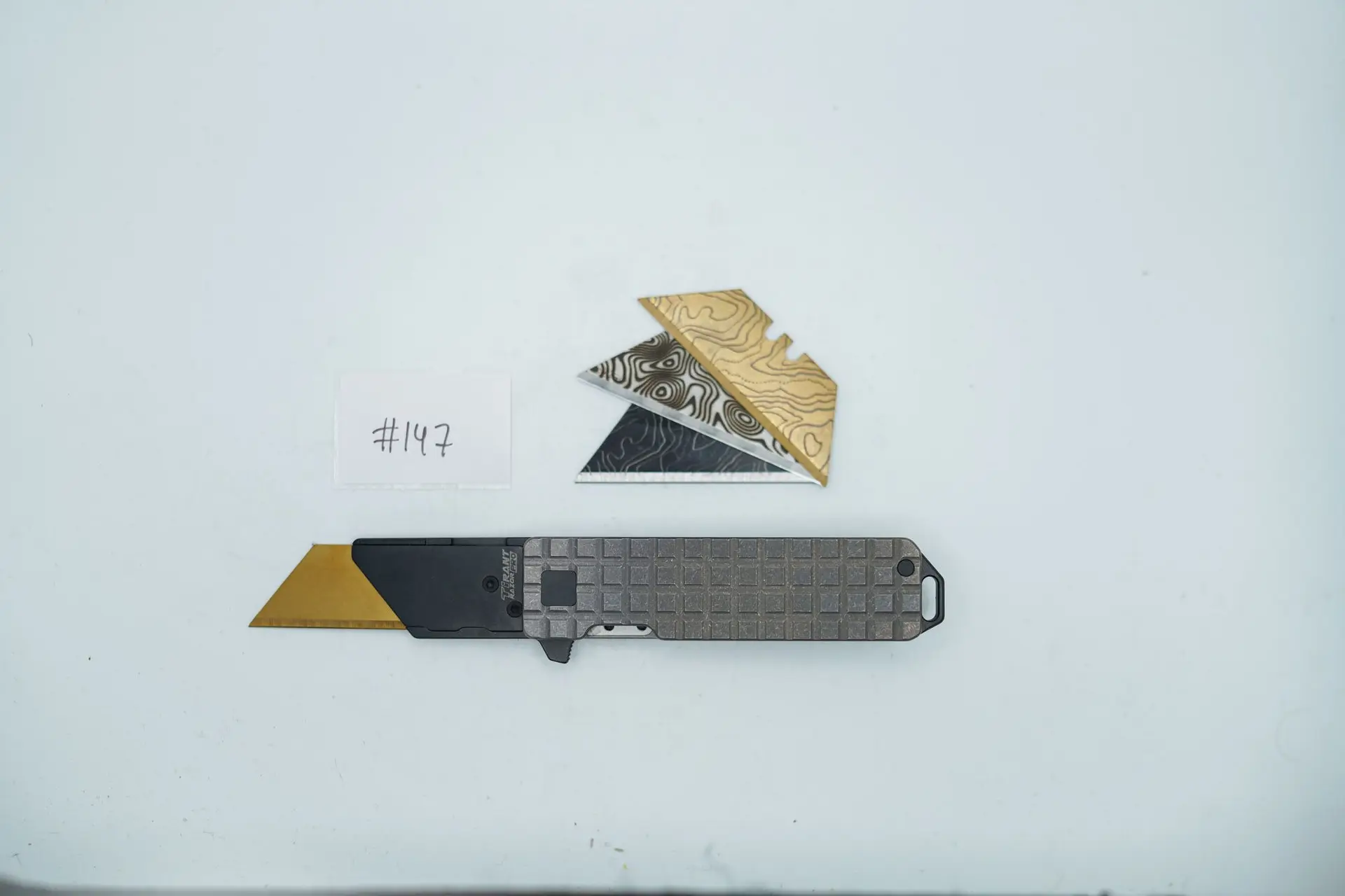 BUILD #147 — Condition 10/10 — TiRant RAZOR V3 Stonewashed Titanium + Jet-Black PVD + USA-Milled RARE FRAG RH Handle + 38MM Mini Clip + 3X Custom Laser Engraved Razor Blades From The ToolRoom