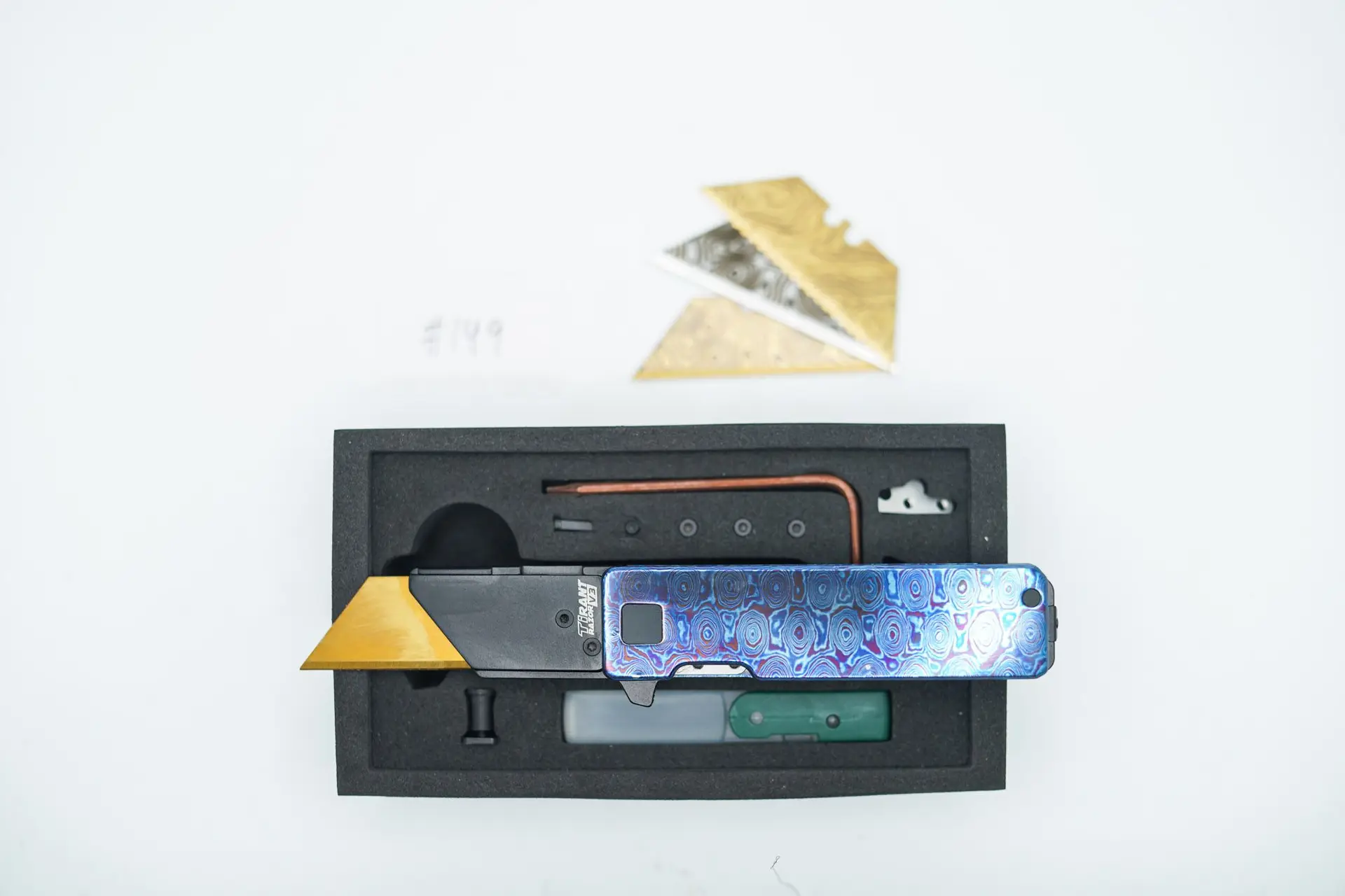 BUILD #149 — Condition 9/10 — TiRant RAZOR V3 Grade A/B (Multi-Layered Forged Titanium + Torch ANO) TiMascus +Pre-installed PRO Clip Assembly + 3X Custom Laser Engraved Razor Blades From The ToolRoom