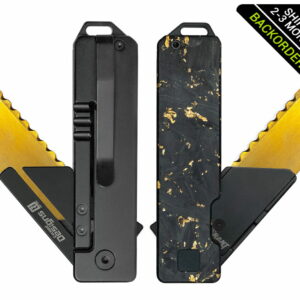 (Ships In 2-3 Months) TiRant® RAZOR V3 Utility Knife (Jet-Black 6AL-4V Titanium) RH-SIDE Forged Carbon Fiber GOLD FLAKE Edition
