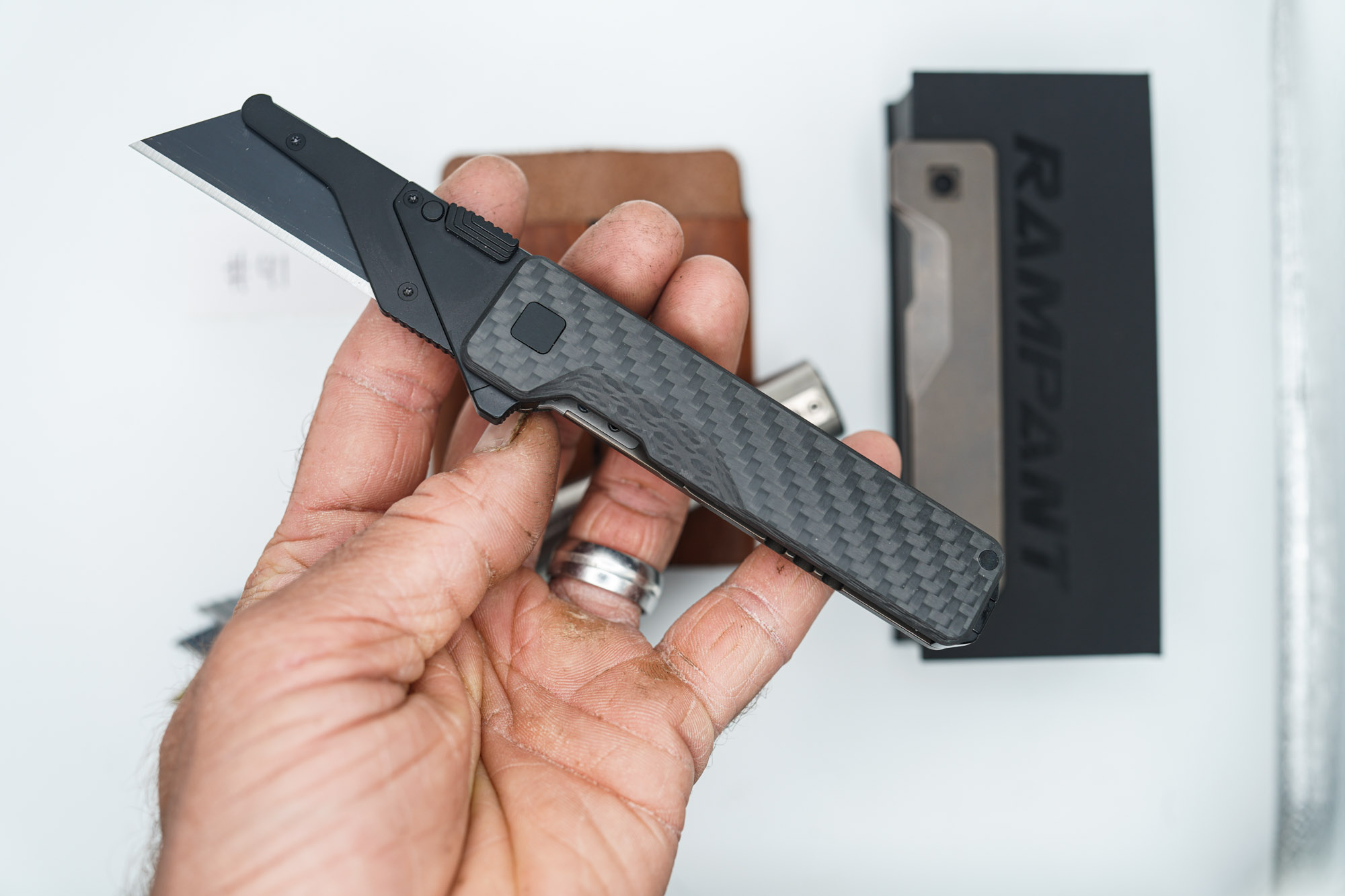 BUILD #41 Combo — Condition 9/10 — TiRant ULTRA Jet-Black PVD 50/50 RH Carbon Fiber Smooth / Bronze And LH Scale + Space Bronze RH Scale + 3X Custom Laser Engraved Razor Blades + RAW 519a Rampant R4 Titanium Flashlight + 9/10 Prototype Brown Leather FieldPro Pocket Organizer - Image 3