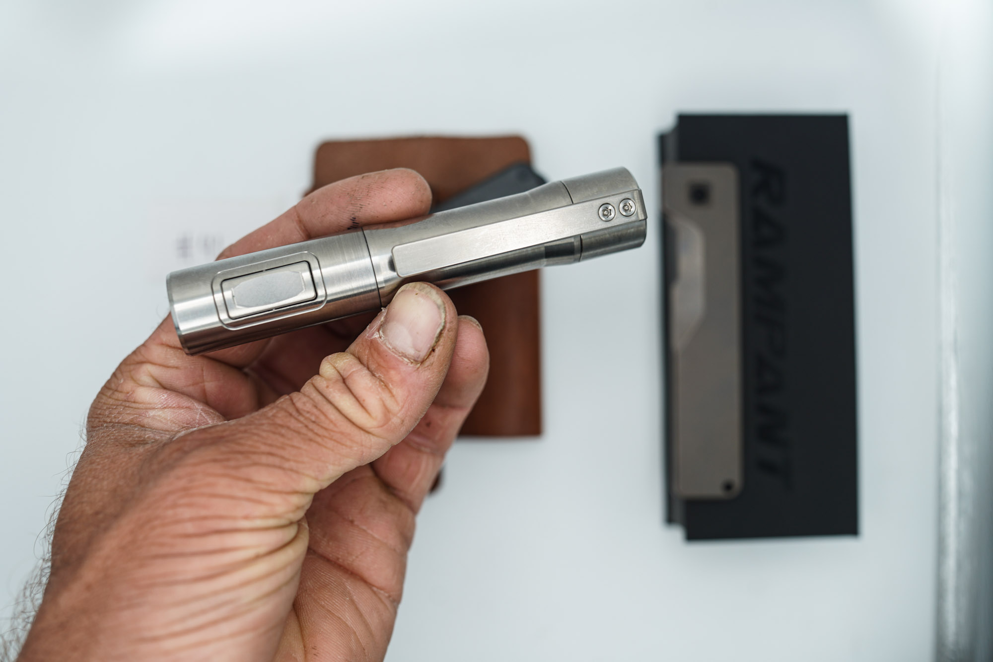 BUILD #41 Combo — Condition 9/10 — TiRant ULTRA Jet-Black PVD 50/50 RH Carbon Fiber Smooth / Bronze And LH Scale + Space Bronze RH Scale + 3X Custom Laser Engraved Razor Blades + RAW 519a Rampant R4 Titanium Flashlight + 9/10 Prototype Brown Leather FieldPro Pocket Organizer - Image 8