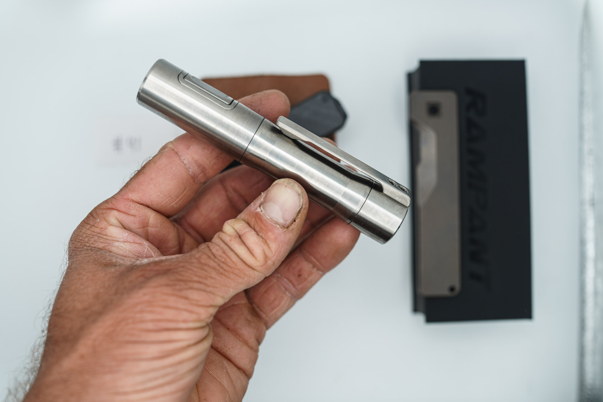 BUILD #41 Combo — Condition 9/10 — TiRant ULTRA Jet-Black PVD 50/50 RH Carbon Fiber Smooth / Bronze And LH Scale + Space Bronze RH Scale + 3X Custom Laser Engraved Razor Blades + RAW 519a Rampant R4 Titanium Flashlight + 9/10 Prototype Brown Leather FieldPro Pocket Organizer - Image 9