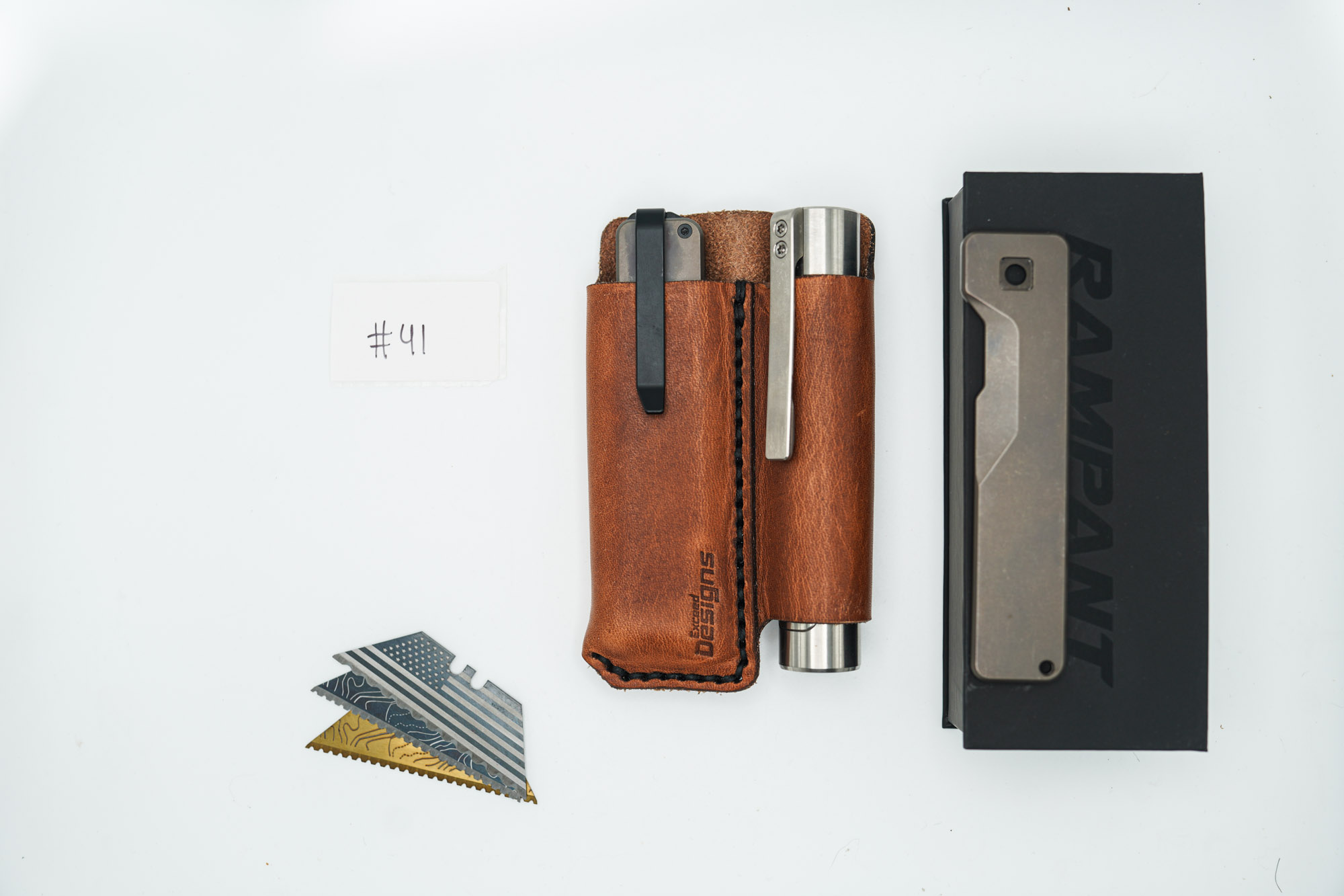 BUILD #41 Combo — Condition 9/10 — TiRant ULTRA Jet-Black PVD 50/50 RH Carbon Fiber Smooth / Bronze And LH Scale + Space Bronze RH Scale + 3X Custom Laser Engraved Razor Blades + RAW 519a Rampant R4 Titanium Flashlight + 9/10 Prototype Brown Leather FieldPro Pocket Organizer - Image 13