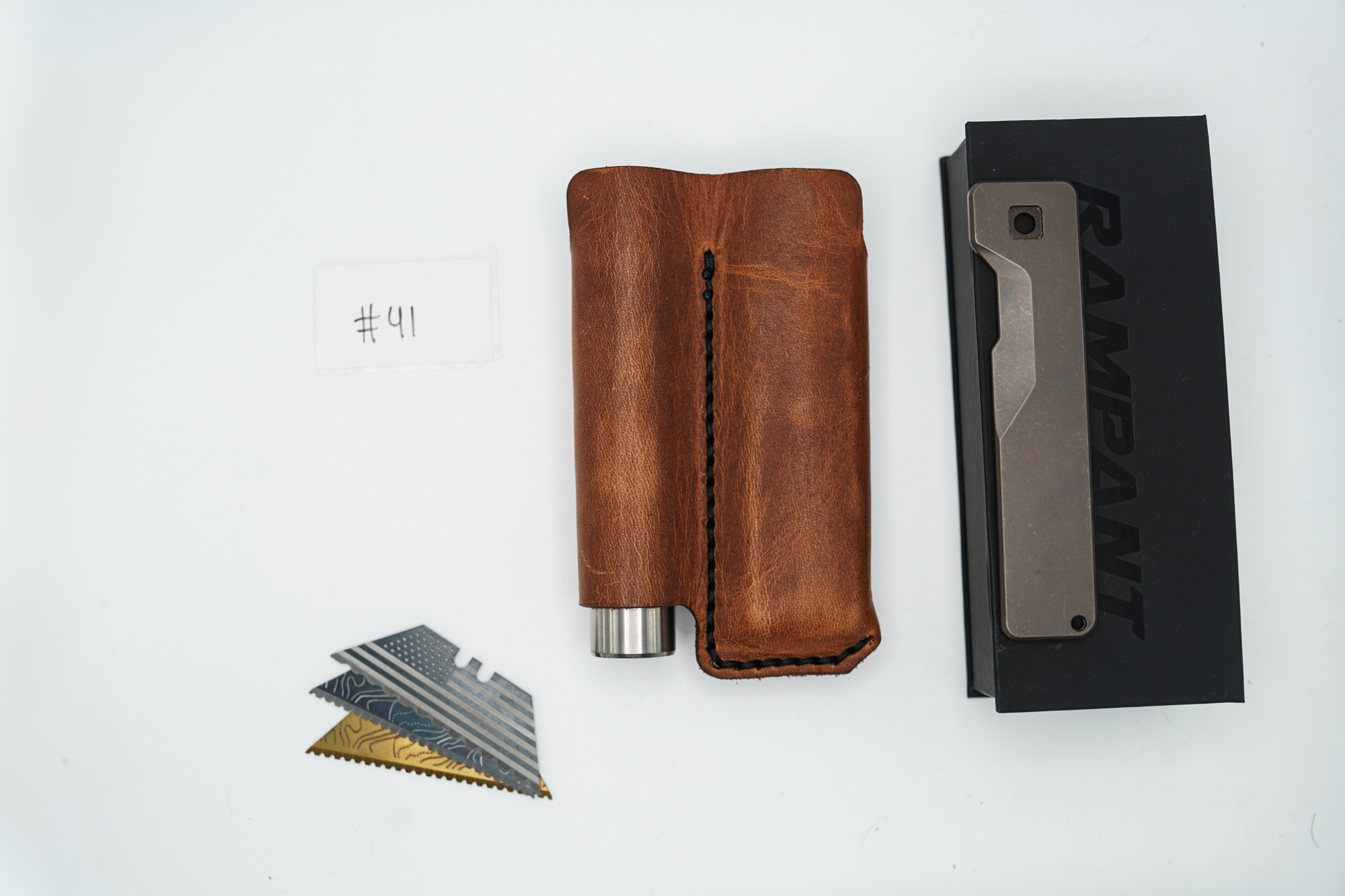 BUILD #41 Combo — Condition 9/10 — TiRant ULTRA Jet-Black PVD 50/50 RH Carbon Fiber Smooth / Bronze And LH Scale + Space Bronze RH Scale + 3X Custom Laser Engraved Razor Blades + RAW 519a Rampant R4 Titanium Flashlight + 9/10 Prototype Brown Leather FieldPro Pocket Organizer - Image 14