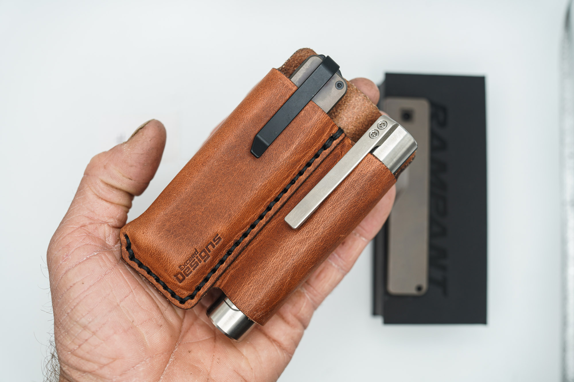 BUILD #41 Combo — Condition 9/10 — TiRant ULTRA Jet-Black PVD 50/50 RH Carbon Fiber Smooth / Bronze And LH Scale + Space Bronze RH Scale + 3X Custom Laser Engraved Razor Blades + RAW 519a Rampant R4 Titanium Flashlight + 9/10 Prototype Brown Leather FieldPro Pocket Organizer - Image 15
