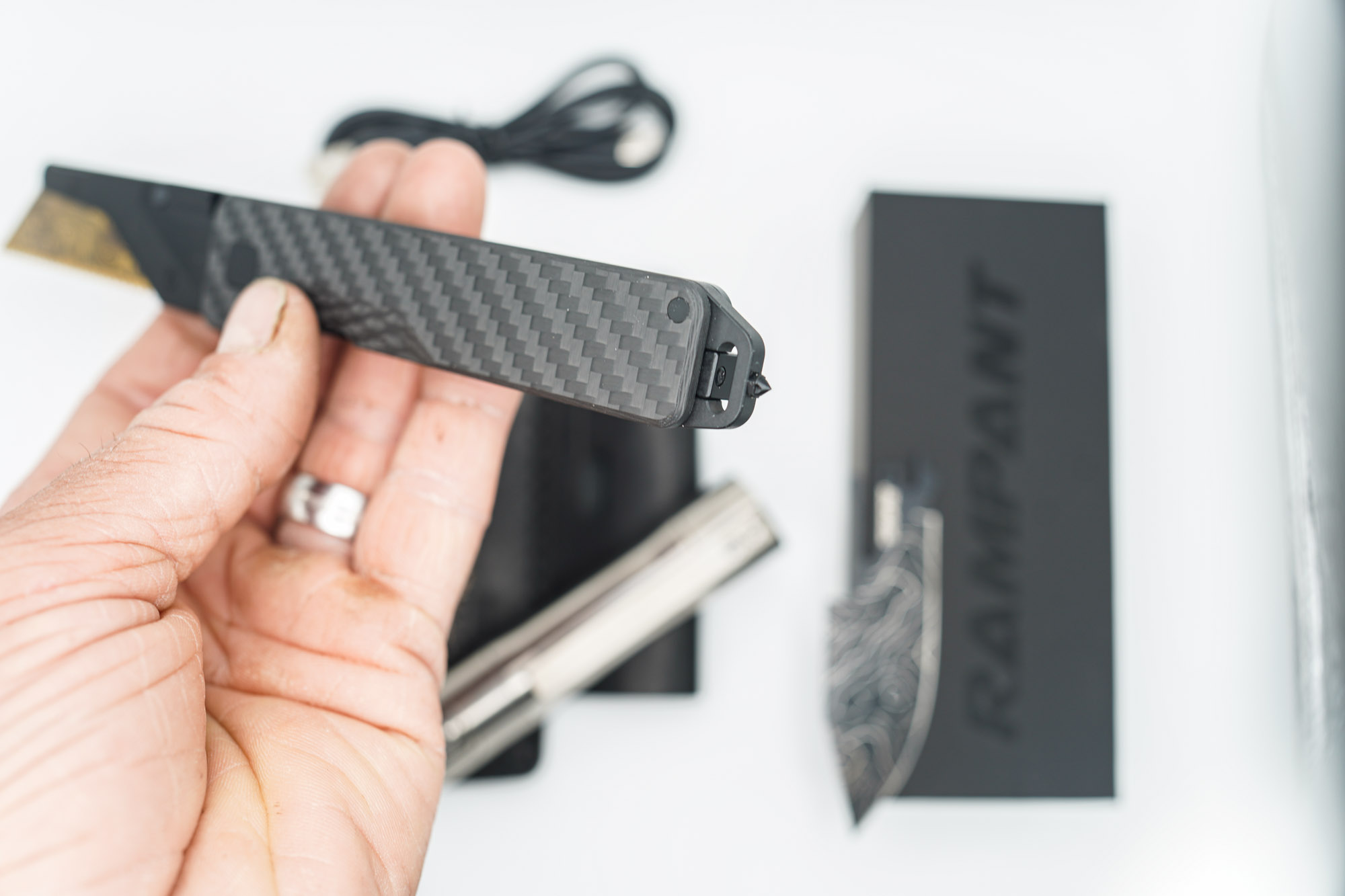 BUILD #45 Combo — Condition 9/10 — TiRant ULTRA 50/50 Carbon Fiber RH Scale / Jet-Black PVD Titanium LH Scale + Skeleton Glass Breaker Loop Backspacer + D2 Topo Half Laser Engraved Drop Point Hotswap Blade + 4X Custom Laser Engraved Razor Blades + 10/10 RAW 519a Rampant R4 Aluminum Flashlight + 10/10 Black Leather FieldPro Pocket Organizer W/Belt Loop - Image 2