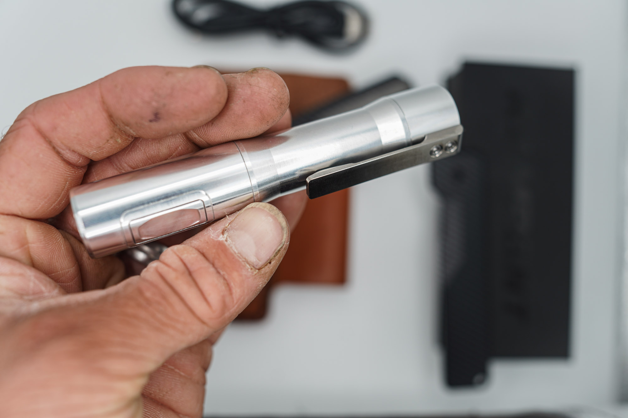 BUILD #47 Combo — Condition 9/10 — TiRant ULTRA Carbon Fiber USA-Milled Deep Slash RH Scale + Jet-Black PVD Deep Slash LH Scale + Original Deep Slash RH Ti Black PVD Scale + 4X Custom Laser Engraved Razor Blades + Rampant R4 519a Aluminum Flashlight In RAW Machined Finish + 9/10 Prototype Brown FieldPro Pocket Organizer W/Belt Loop - Image 8