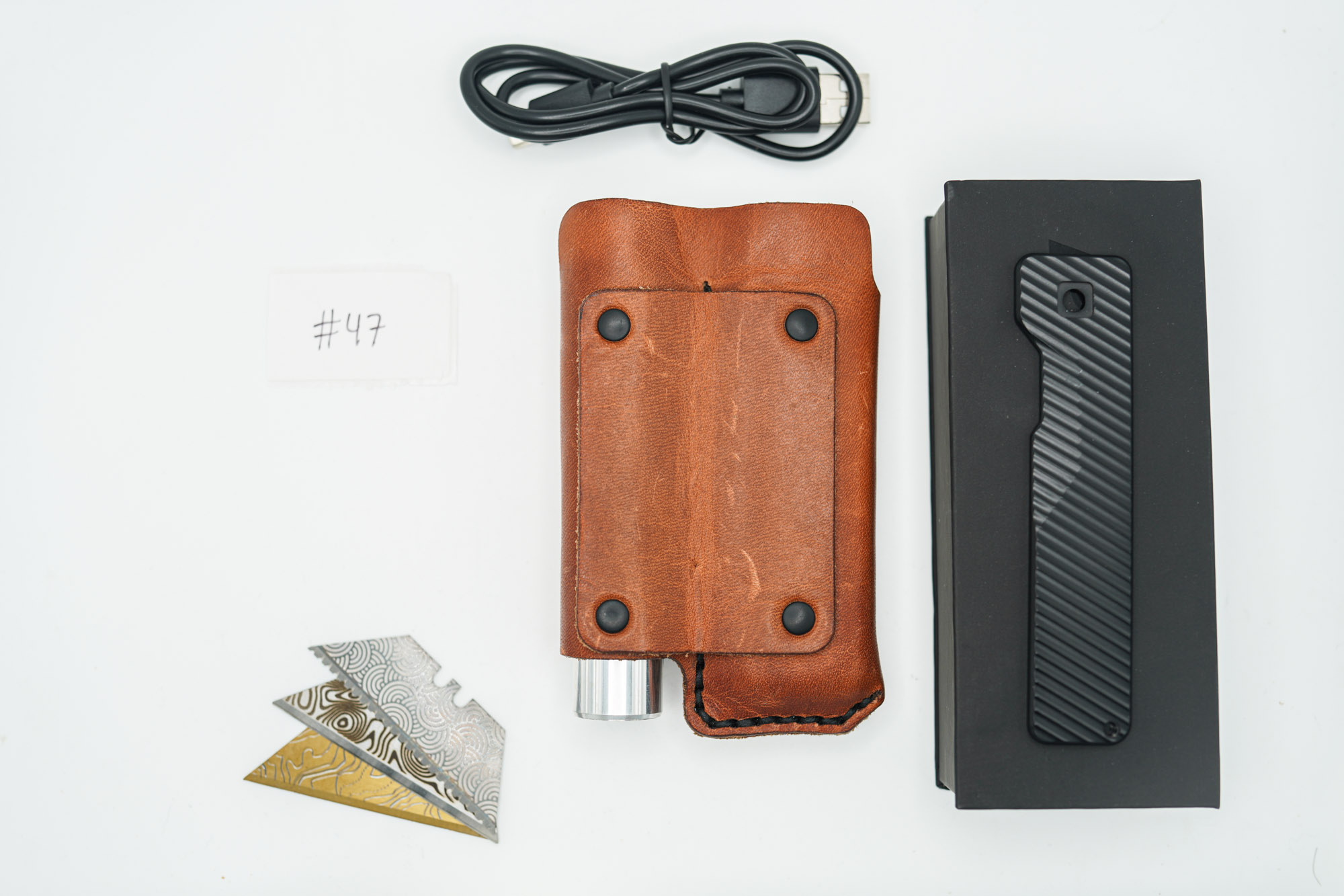 BUILD #47 Combo — Condition 9/10 — TiRant ULTRA Carbon Fiber USA-Milled Deep Slash RH Scale + Jet-Black PVD Deep Slash LH Scale + Original Deep Slash RH Ti Black PVD Scale + 4X Custom Laser Engraved Razor Blades + Rampant R4 519a Aluminum Flashlight In RAW Machined Finish + 9/10 Prototype Brown FieldPro Pocket Organizer W/Belt Loop - Image 12