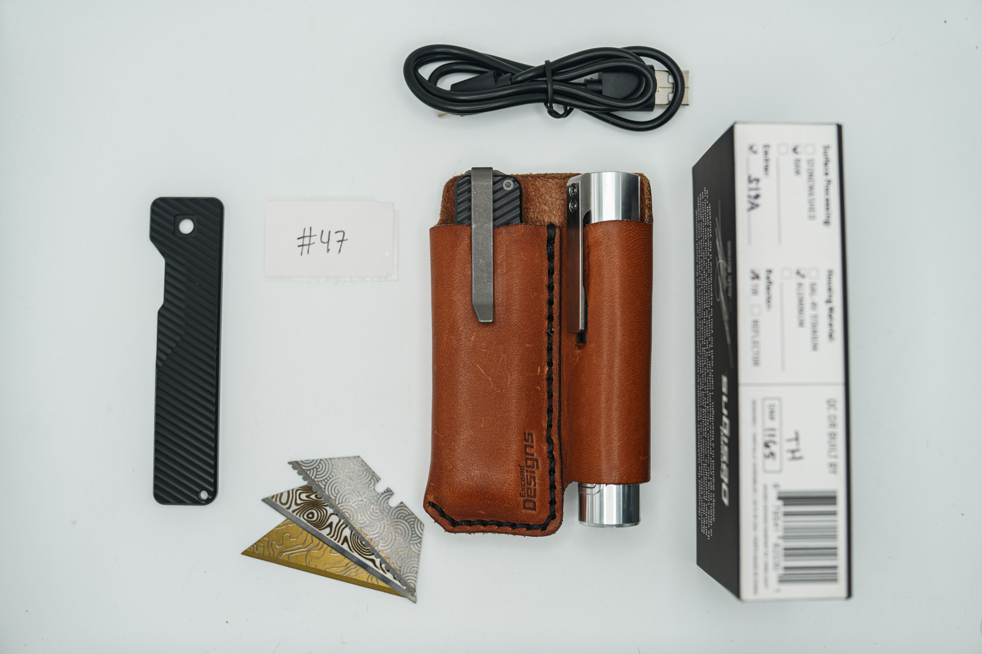 BUILD #47 Combo — Condition 9/10 — TiRant ULTRA Carbon Fiber USA-Milled Deep Slash RH Scale + Jet-Black PVD Deep Slash LH Scale + Original Deep Slash RH Ti Black PVD Scale + 4X Custom Laser Engraved Razor Blades + Rampant R4 519a Aluminum Flashlight In RAW Machined Finish + 9/10 Prototype Brown FieldPro Pocket Organizer W/Belt Loop - Image 15