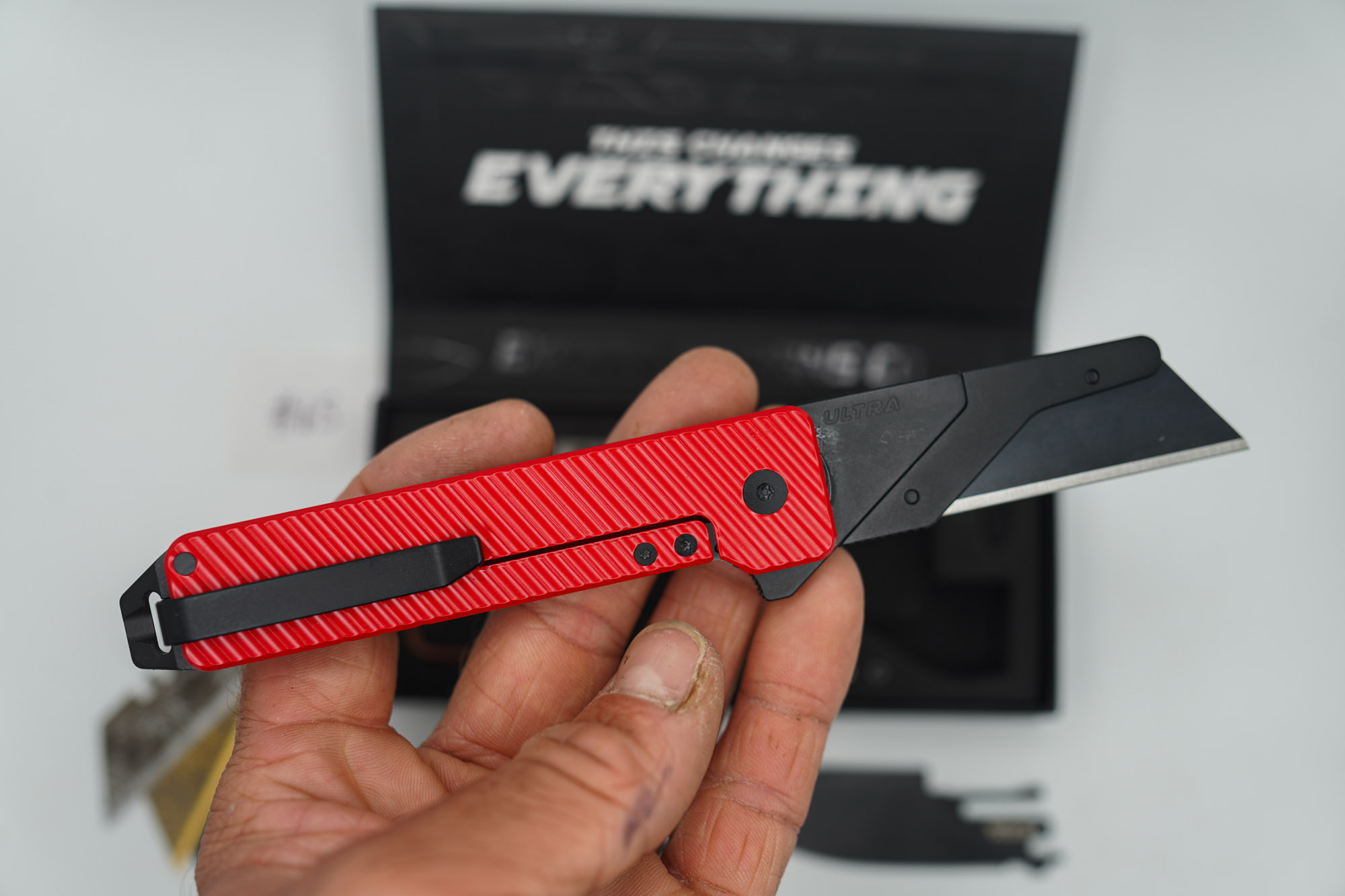 BUILD #65 — Condition 9/10 — TiRant ULTRA Dual Milled SLASH W/Custom Bright Red Cerakote + Installed Full-Length Skeleton Stonewash Pry Bar Backspacer + Original Box W/ Spare Jet-Black PVD Hardware Kit / Lock Bar insert + D2 Jet-Black Tanto Hotswap Blade + D2 Jet-Black Drop Point Hotswap Blade + 3X Custom Laser Engraved Razor Blades - Image 4