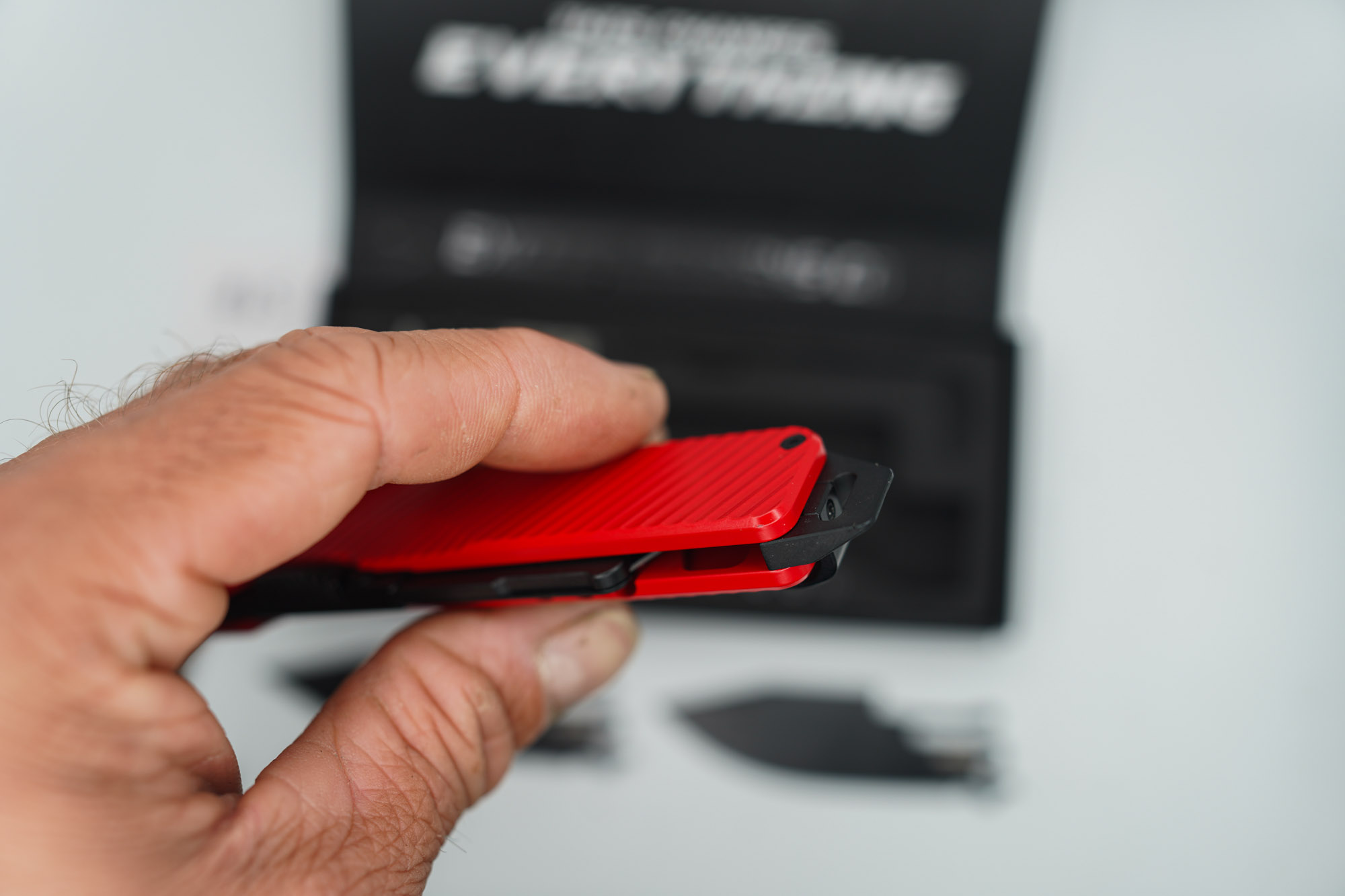 BUILD #65 — Condition 9/10 — TiRant ULTRA Dual Milled SLASH W/Custom Bright Red Cerakote + Installed Full-Length Skeleton Stonewash Pry Bar Backspacer + Original Box W/ Spare Jet-Black PVD Hardware Kit / Lock Bar insert + D2 Jet-Black Tanto Hotswap Blade + D2 Jet-Black Drop Point Hotswap Blade + 3X Custom Laser Engraved Razor Blades - Image 6