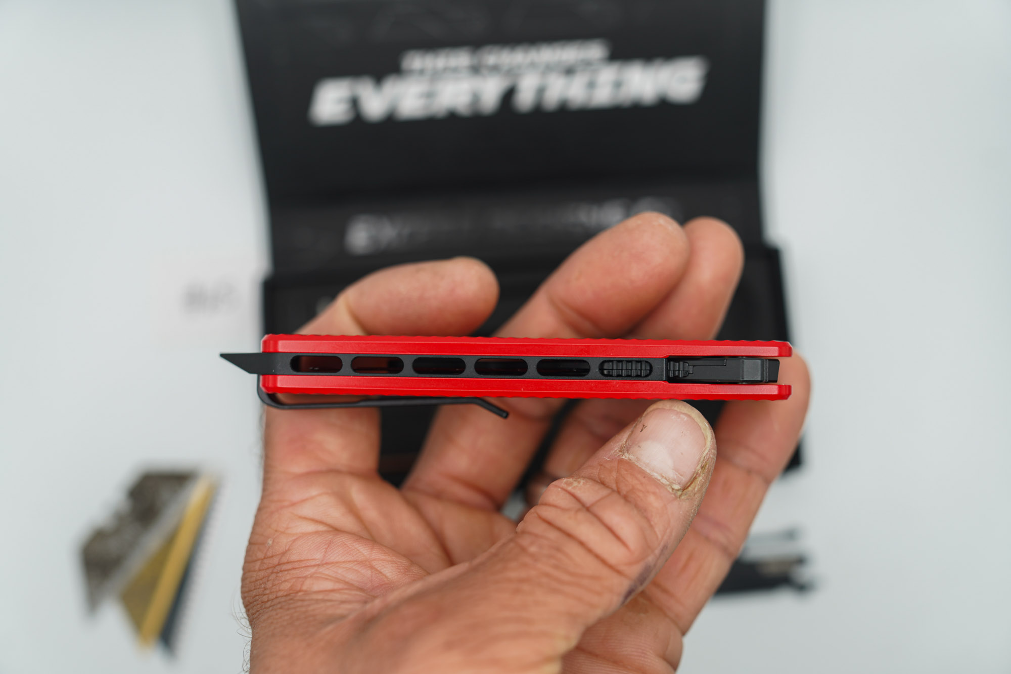BUILD #65 — Condition 9/10 — TiRant ULTRA Dual Milled SLASH W/Custom Bright Red Cerakote + Installed Full-Length Skeleton Stonewash Pry Bar Backspacer + Original Box W/ Spare Jet-Black PVD Hardware Kit / Lock Bar insert + D2 Jet-Black Tanto Hotswap Blade + D2 Jet-Black Drop Point Hotswap Blade + 3X Custom Laser Engraved Razor Blades - Image 7
