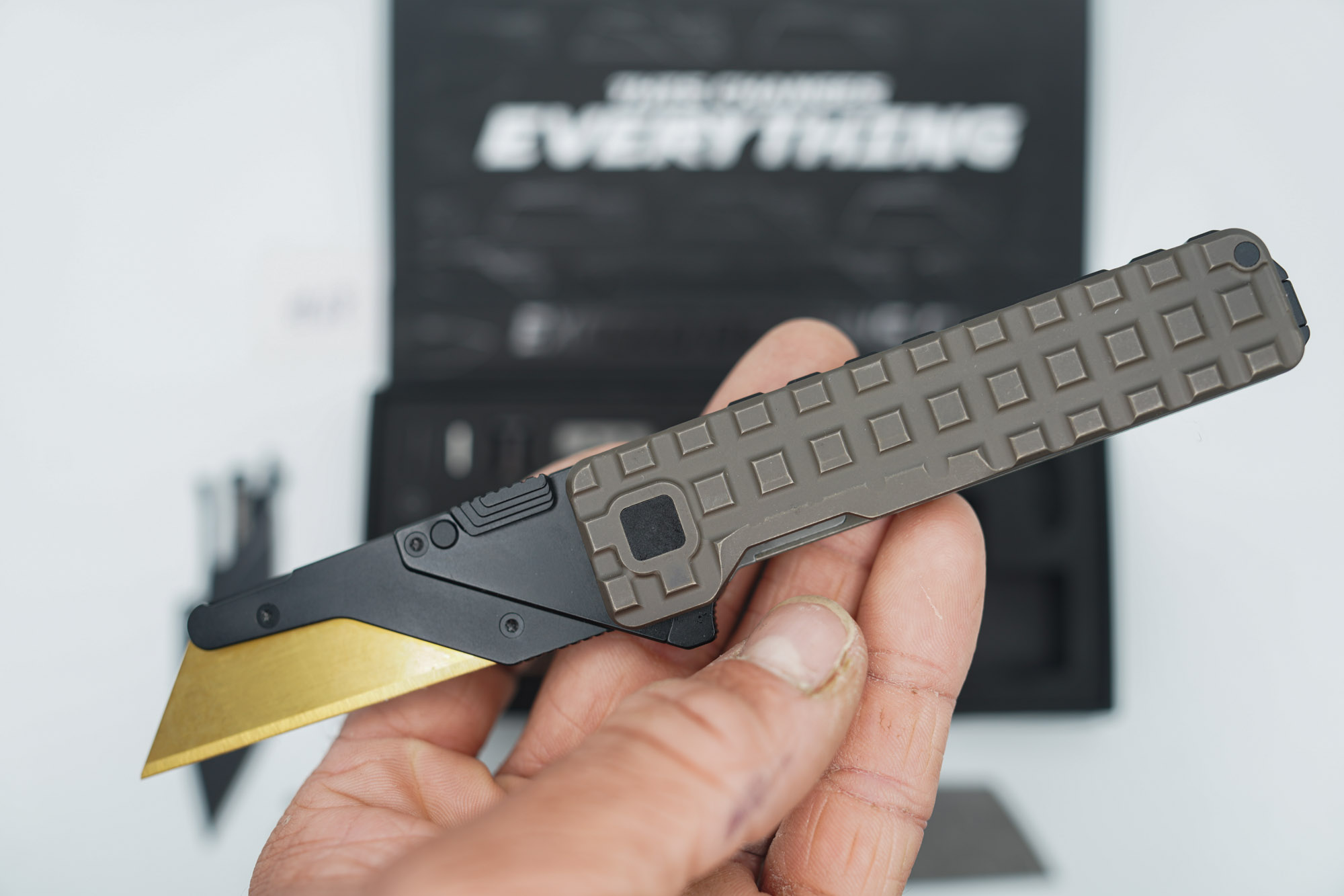 BUILD #68 — Condition 9/10 — TiRant ULTRA FULL FRAG Edition (Centurion Bronze ANO) W/Frag Milled Backspacer Pre-Installed + Original Box W/Spare Jet-Black PVD Hardware Kit / Lock Bar insert + D2 Jet-Black Tanto Hotswap Blade + Blem Topo-engraved Jet-Black D2 Drop Point Blade + Blem Sheepsfoot Topo Laser Engraved D2 blade - Image 2
