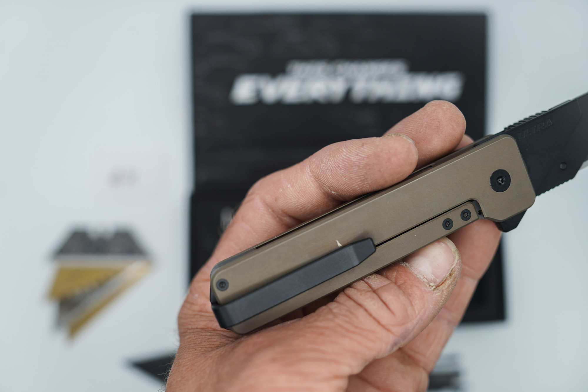 BUILD #71 — Condition 8/10 — TiRant ULTRA Smooth Centurion Bronze W/Black Hardware Contrast (Small scratch near clip only, See Pic) + Original Box W/Spare Jet-Black PVD Hardware Kit / Lock Bar insert + D2 Jet-Black Sheepsfoot Hotswap Blade + D2 Jet-Black Tanto Hotswap Blade + 4X Custom Laser Engraved Razor Blades - Image 5