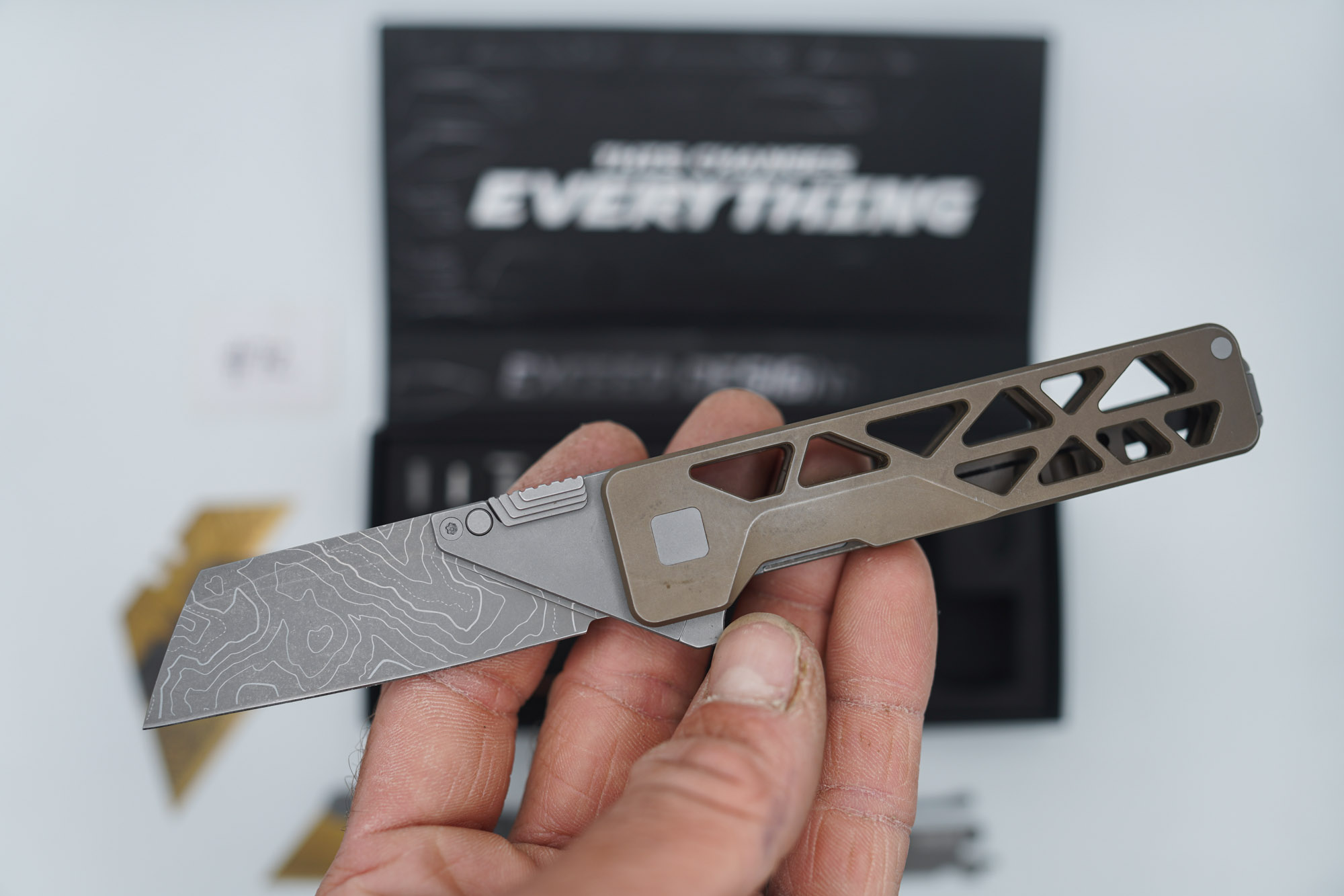 BUILD #72 — Condition 8/10 — TiRant ULTRA Skeleton 'SKULTRA' Centurion Bronze W/Blasted Grey Hardware + Original Box W/Spare Grey Blasted Hardware Kit / Lock Bar insert + D2 V2-Topo Sheepsfoot Hotswap Blade + D2 Stonewashed Drop Point Hotswap Blade + 3X Custom Laser Engraved Razor Blades - Image 4