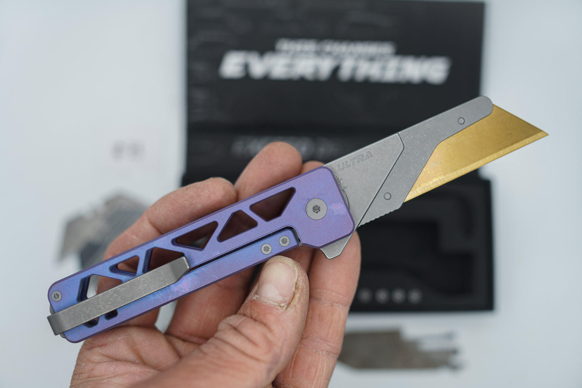 BUILD #73 — Condition 8/10 — TiRant ULTRA Skeleton 'SKULTRA' Custom RARE Dark-Purple Haze W/Blasted Grey Hardware + Original Box W/Spare Grey Blasted Hardware Kit / Lock Bar insert + Blem D2 Full Razor Hotswap Blade + Blem Topo Tanto Stonewashed Hotswap Blade + 3X Custom Laser Engraved Razor Blades - Image 4