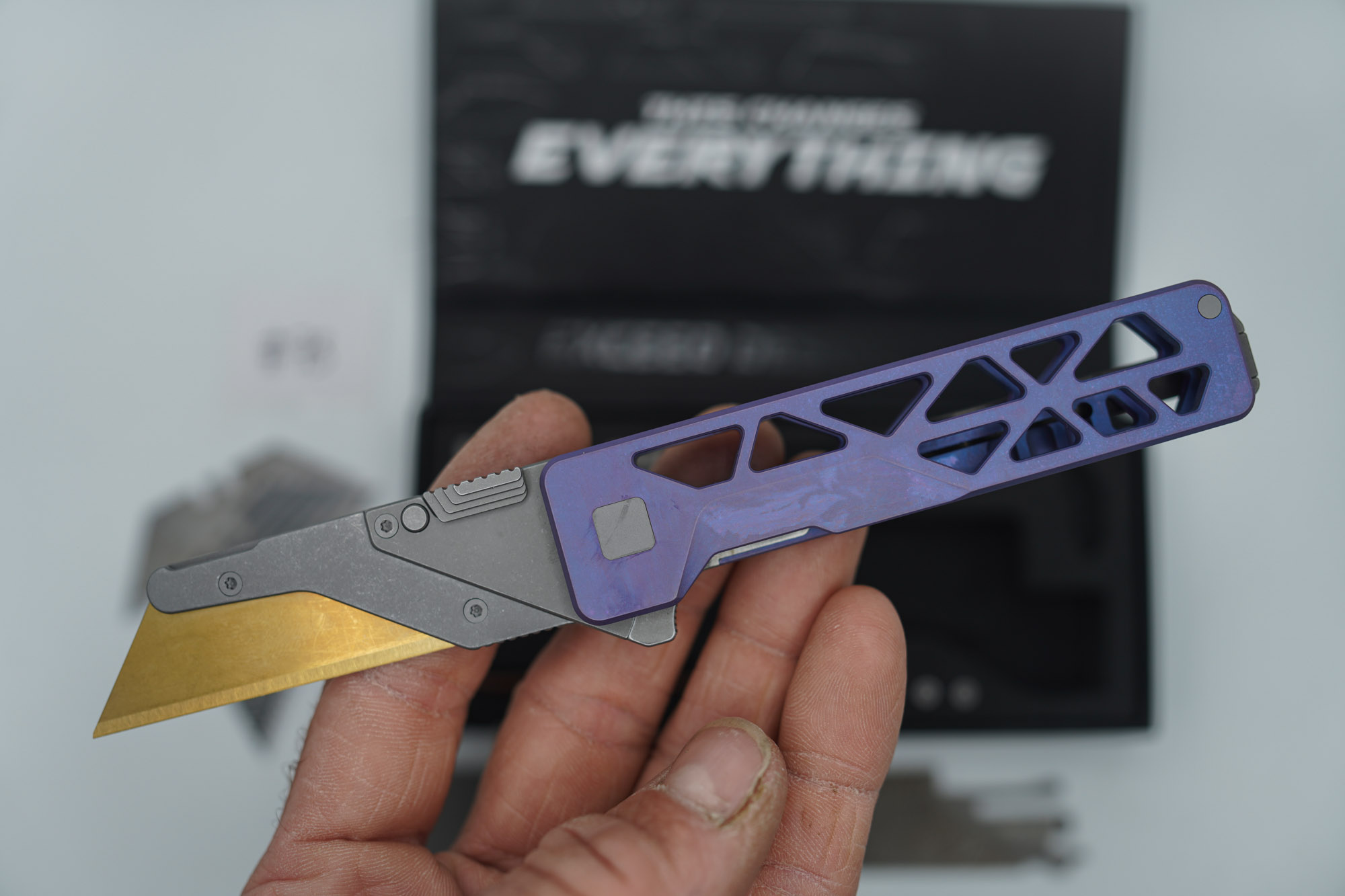 BUILD #73 — Condition 8/10 — TiRant ULTRA Skeleton 'SKULTRA' Custom RARE Dark-Purple Haze W/Blasted Grey Hardware + Original Box W/Spare Grey Blasted Hardware Kit / Lock Bar insert + Blem D2 Full Razor Hotswap Blade + Blem Topo Tanto Stonewashed Hotswap Blade + 3X Custom Laser Engraved Razor Blades - Image 5