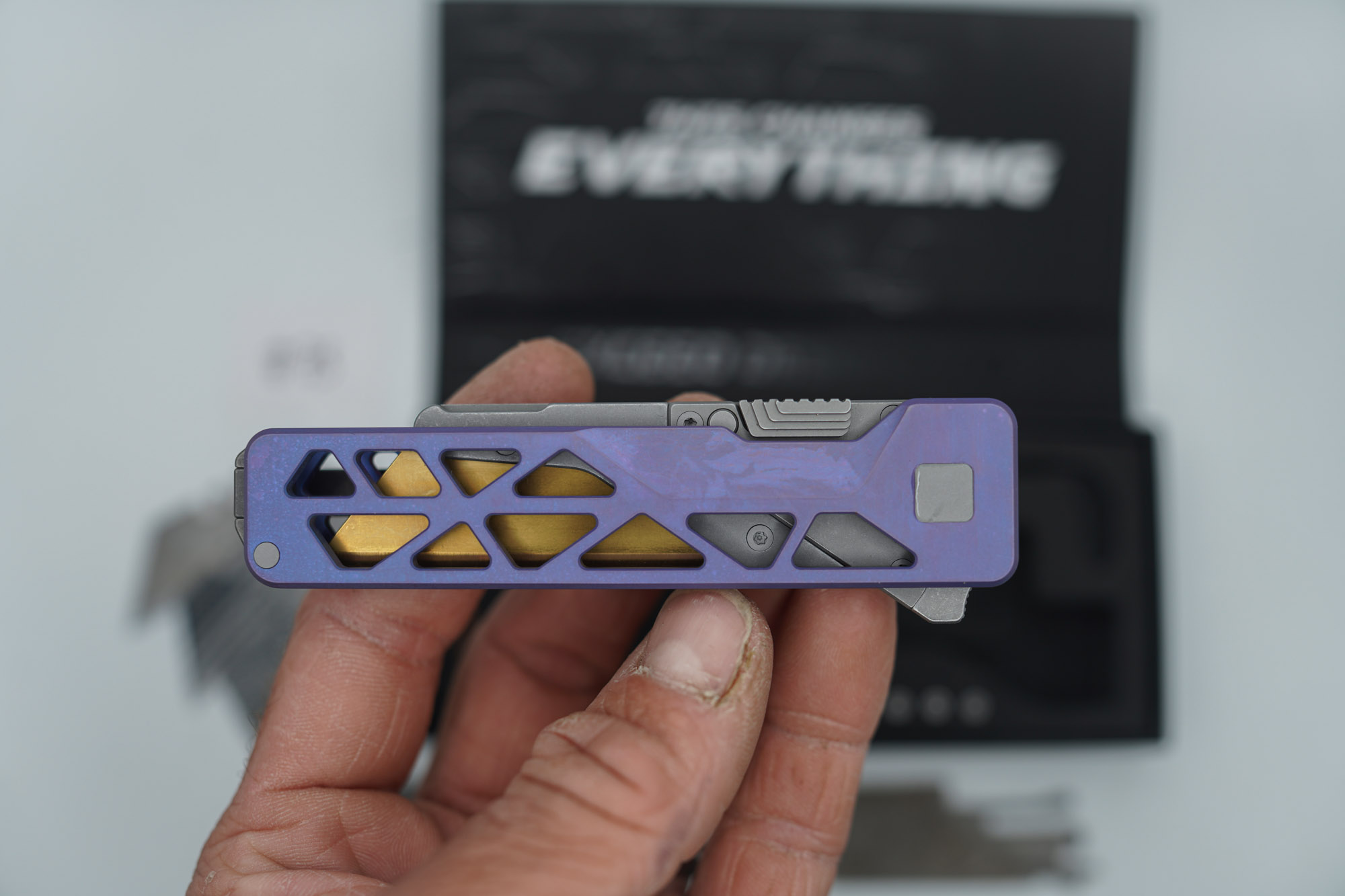 BUILD #73 — Condition 8/10 — TiRant ULTRA Skeleton 'SKULTRA' Custom RARE Dark-Purple Haze W/Blasted Grey Hardware + Original Box W/Spare Grey Blasted Hardware Kit / Lock Bar insert + Blem D2 Full Razor Hotswap Blade + Blem Topo Tanto Stonewashed Hotswap Blade + 3X Custom Laser Engraved Razor Blades - Image 2