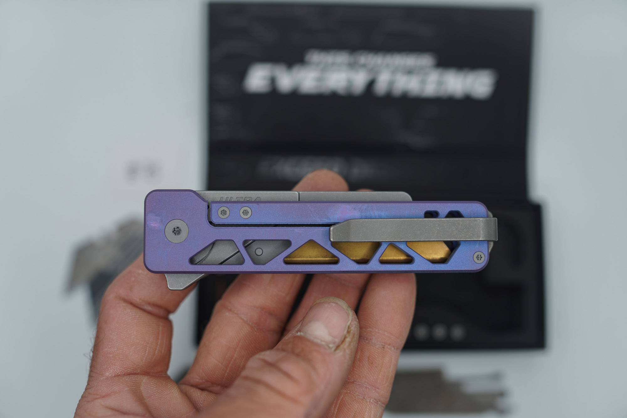 BUILD #73 — Condition 8/10 — TiRant ULTRA Skeleton 'SKULTRA' Custom RARE Dark-Purple Haze W/Blasted Grey Hardware + Original Box W/Spare Grey Blasted Hardware Kit / Lock Bar insert + Blem D2 Full Razor Hotswap Blade + Blem Topo Tanto Stonewashed Hotswap Blade + 3X Custom Laser Engraved Razor Blades - Image 6