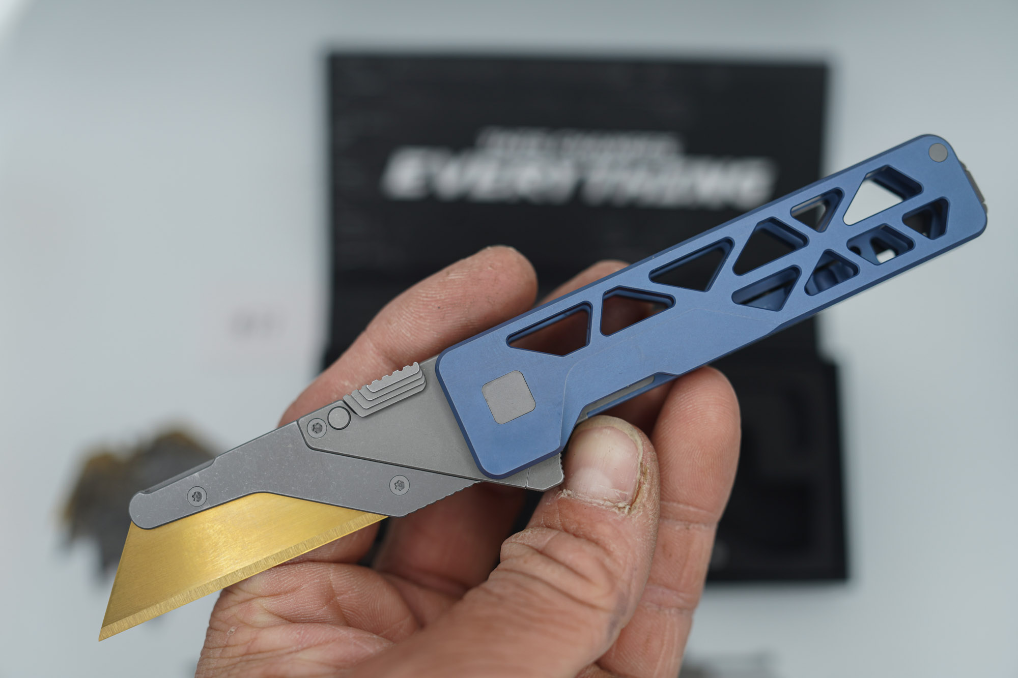 BUILD #77 — Condition 9/10 — TiRant ULTRA Skeleton 'SKULTRA' Custom Aqua-BLUE Titanium ANO W/Blasted Grey Hardware + Original Box W/Spare Grey Blasted Hardware Kit / Lock Bar insert + D2 Stonewashed Hawkbill Hotswap Blade + D2 Stonewashed Drop Point Hotswap Blade + 4X Custom Laser Engraved Razor Blades - Image 4
