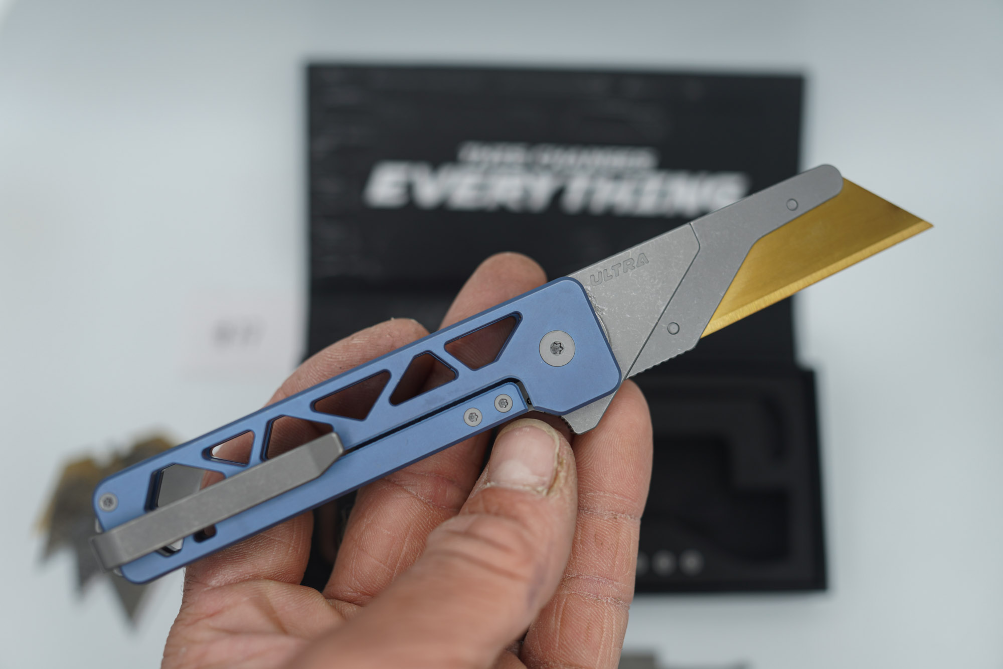 BUILD #77 — Condition 9/10 — TiRant ULTRA Skeleton 'SKULTRA' Custom Aqua-BLUE Titanium ANO W/Blasted Grey Hardware + Original Box W/Spare Grey Blasted Hardware Kit / Lock Bar insert + D2 Stonewashed Hawkbill Hotswap Blade + D2 Stonewashed Drop Point Hotswap Blade + 4X Custom Laser Engraved Razor Blades - Image 5