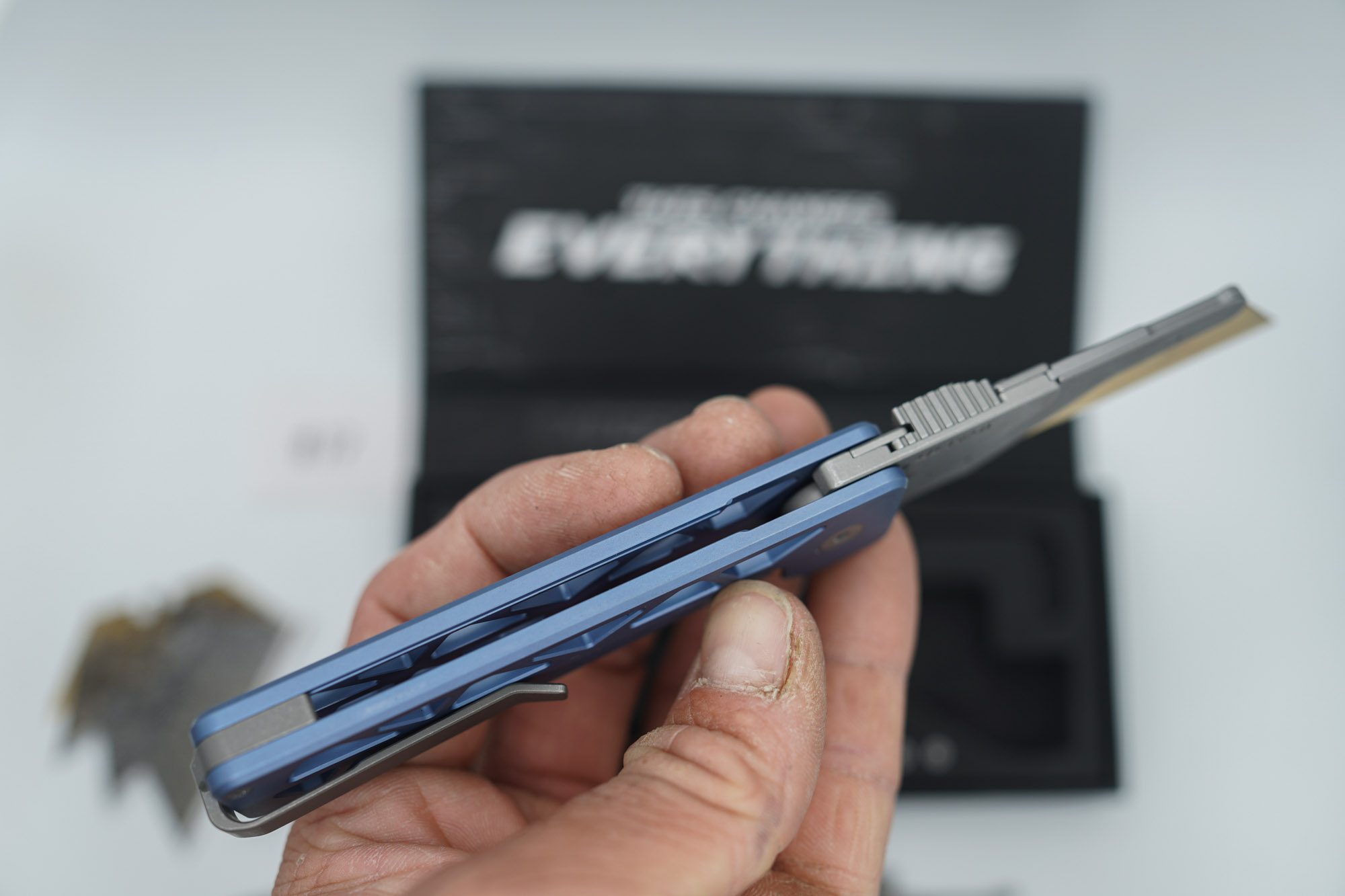 BUILD #77 — Condition 9/10 — TiRant ULTRA Skeleton 'SKULTRA' Custom Aqua-BLUE Titanium ANO W/Blasted Grey Hardware + Original Box W/Spare Grey Blasted Hardware Kit / Lock Bar insert + D2 Stonewashed Hawkbill Hotswap Blade + D2 Stonewashed Drop Point Hotswap Blade + 4X Custom Laser Engraved Razor Blades - Image 6