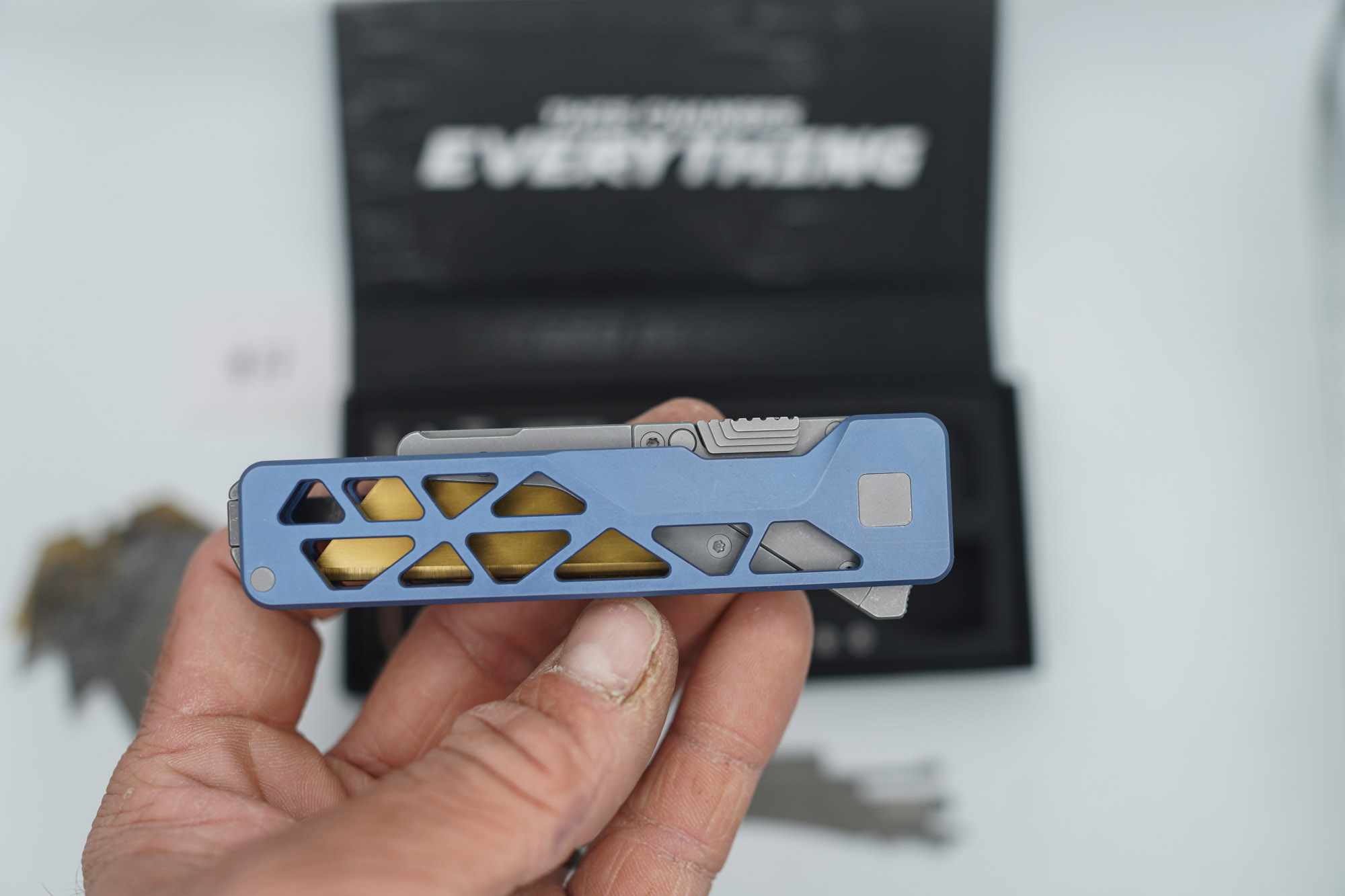 BUILD #77 — Condition 9/10 — TiRant ULTRA Skeleton 'SKULTRA' Custom Aqua-BLUE Titanium ANO W/Blasted Grey Hardware + Original Box W/Spare Grey Blasted Hardware Kit / Lock Bar insert + D2 Stonewashed Hawkbill Hotswap Blade + D2 Stonewashed Drop Point Hotswap Blade + 4X Custom Laser Engraved Razor Blades - Image 7