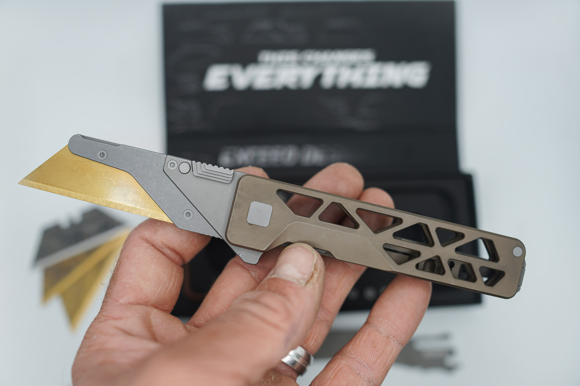 BUILD #78 — Condition 8/10 — TiRant ULTRA Skeleton 'SKULTRA' Centurion Bronze W/Blasted Grey Hardware + Original Box W/Spare Grey Blasted Hardware Kit / Lock Bar insert + D2 Hawkbill Hotswap Blade + D2 Jet-Black Drop Point Hotswap Blade + 3X Custom Laser Engraved Razor Blades - Image 4