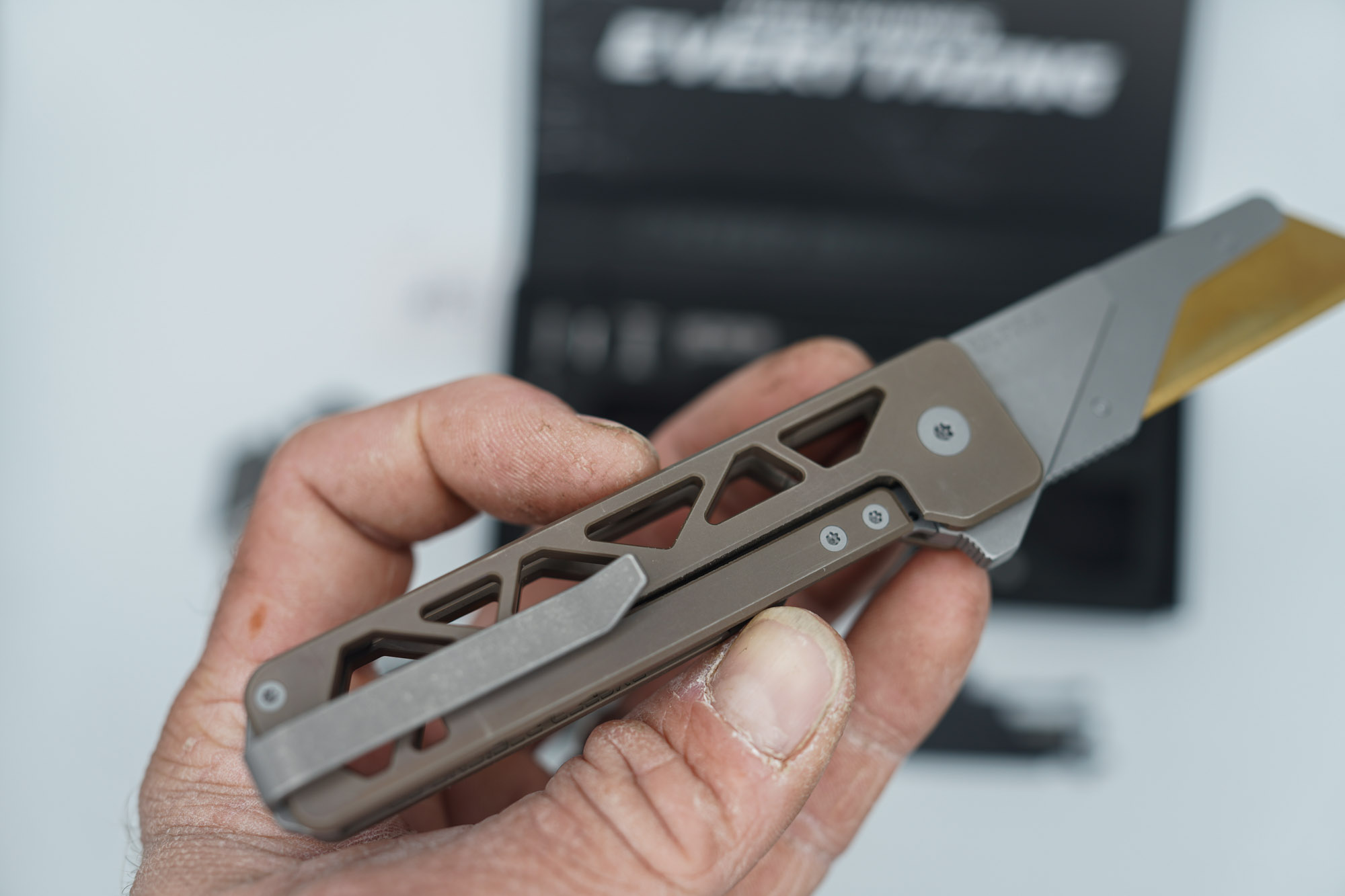 BUILD #85 — Condition 8/10 — TiRant ULTRA Skeleton 'SKULTRA' Centurion Bronze W/Blasted Grey Hardware + Original Box W/Spare Grey Blasted Hardware Kit / Lock Bar insert + FULL-FRAG Stonewashed Dark Grey Ti Backspacer + D2 Jet-Black Sheepsfoot Hotswap Blade + D2 Stonewashed Drop Point Hotswap Blade + 3X Custom Laser Engraved Razor Blades - Image 5