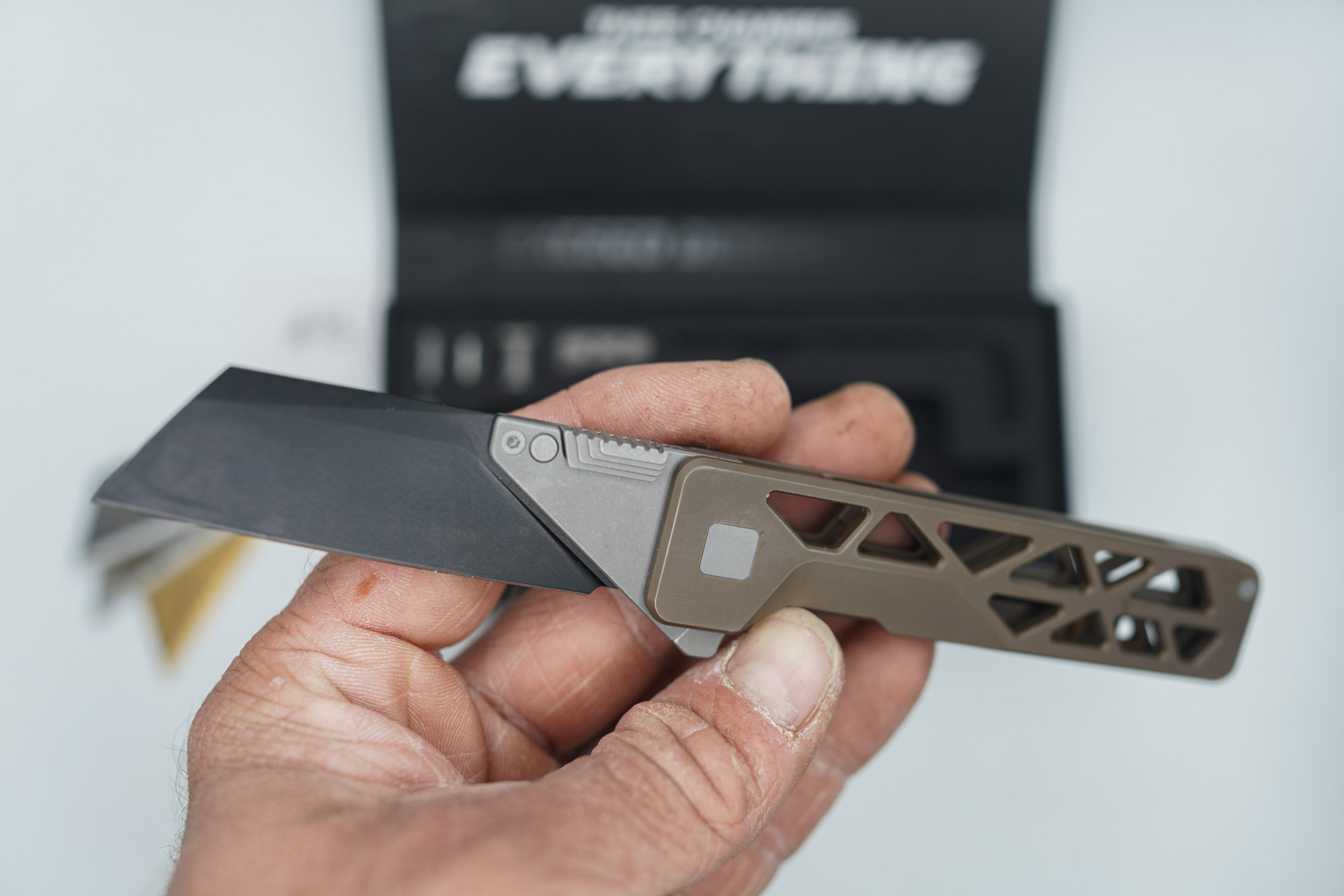 BUILD #85 — Condition 8/10 — TiRant ULTRA Skeleton 'SKULTRA' Centurion Bronze W/Blasted Grey Hardware + Original Box W/Spare Grey Blasted Hardware Kit / Lock Bar insert + FULL-FRAG Stonewashed Dark Grey Ti Backspacer + D2 Jet-Black Sheepsfoot Hotswap Blade + D2 Stonewashed Drop Point Hotswap Blade + 3X Custom Laser Engraved Razor Blades - Image 7