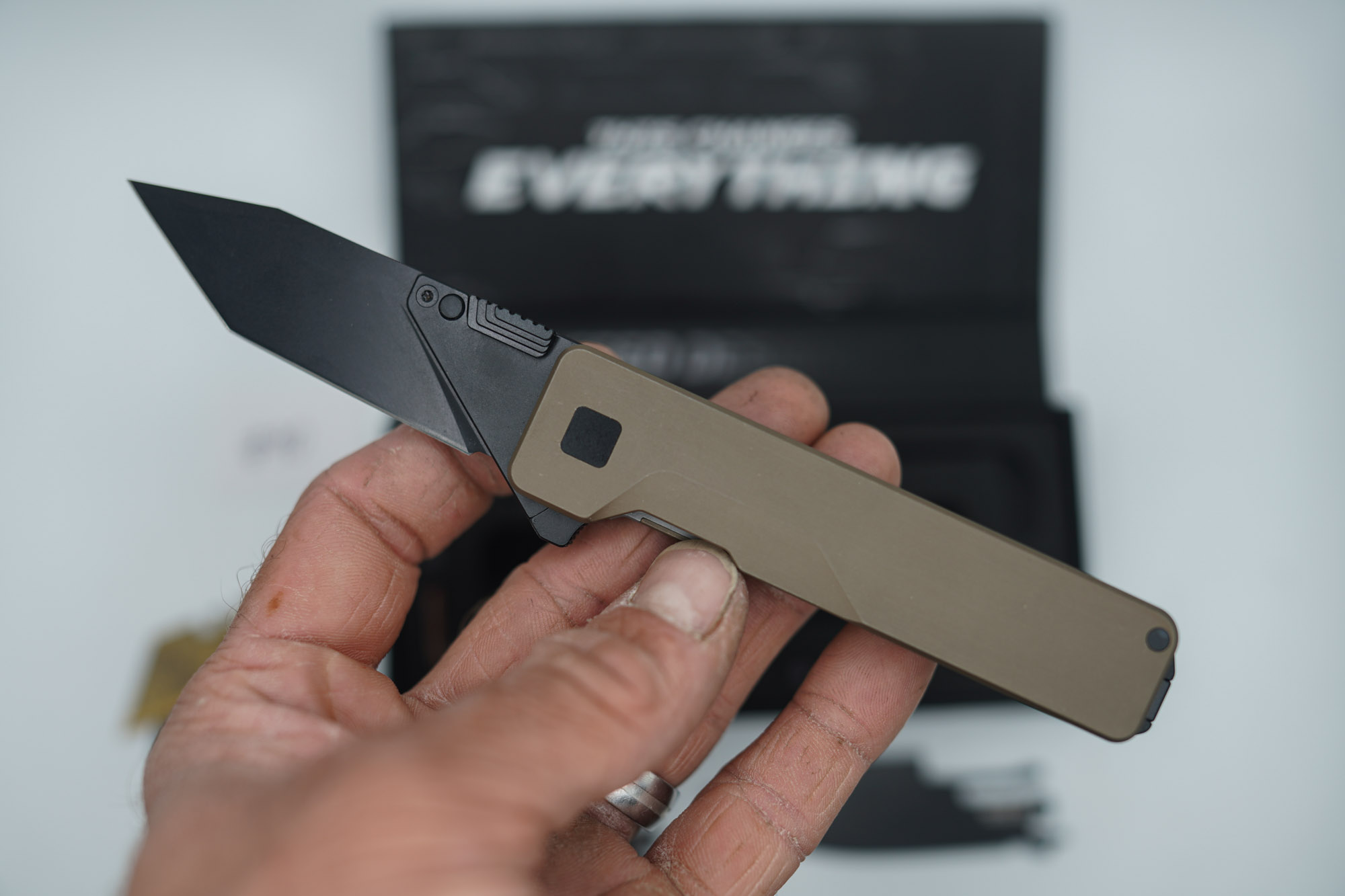 BUILD #90 — Condition 9/10 — TiRant ULTRA Smooth Centurion Bronze + W/Jet-Black PVD Contrast Hardware + Original Box W/Jet-Black Hardware Kit / Lock Bar insert + D2 Jet-Black Drop Point Hotswap Blade + D2 Jet-Black Tanto Hotswap Blade + 3X Custom Laser Engraved Razor Blades - Image 4