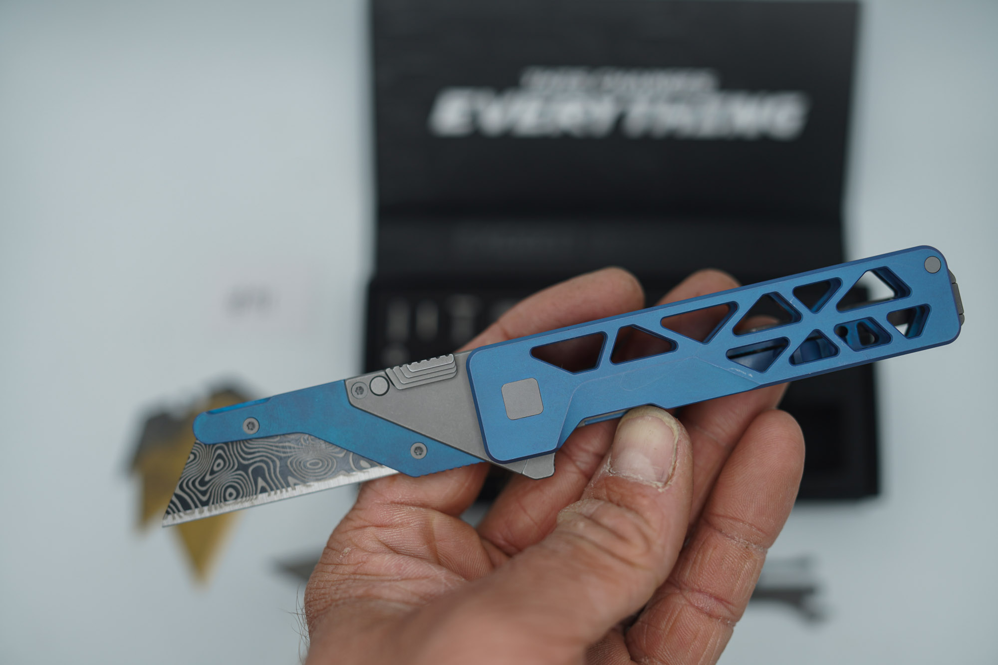 BUILD #91 — Condition 8/10 — TiRant ULTRA Skeleton 'SKULTRA' Aqua-BLUE Titanium ANO Applied + W/Grey Blasted Hardware + Original Box W/Grey Blasted Hardware Kit / Lock Bar insert + Blem Prototype Grind Titanium Fork Hotswap Insert + Blem D2 Stonewash Tanto Hotswap Blade + RARE Aqua-Blue ANO'd Fixed Razor Holder + 4X Custom Laser Engraved Razor Blades - Image 5