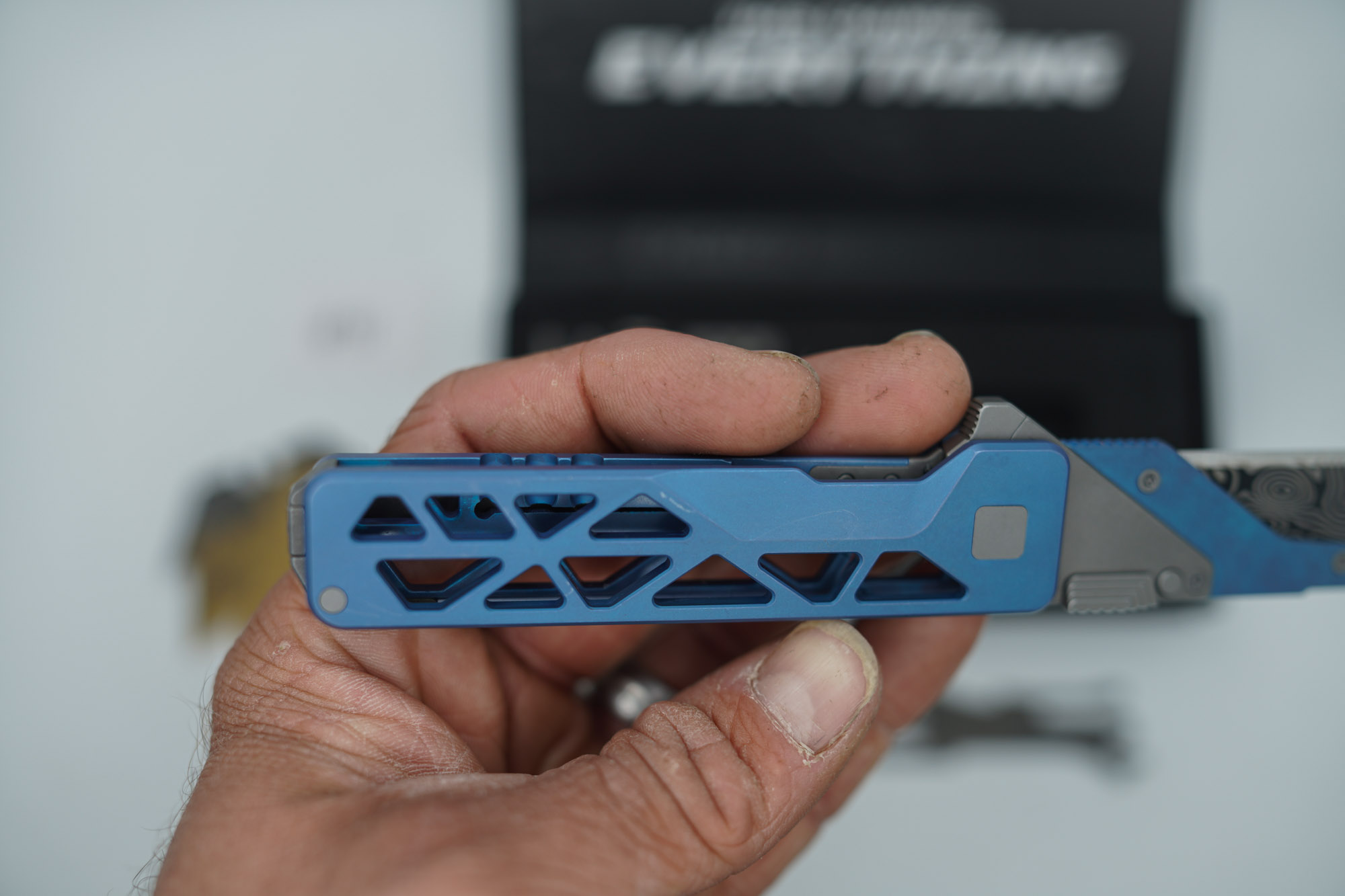 BUILD #91 — Condition 8/10 — TiRant ULTRA Skeleton 'SKULTRA' Aqua-BLUE Titanium ANO Applied + W/Grey Blasted Hardware + Original Box W/Grey Blasted Hardware Kit / Lock Bar insert + Blem Prototype Grind Titanium Fork Hotswap Insert + Blem D2 Stonewash Tanto Hotswap Blade + RARE Aqua-Blue ANO'd Fixed Razor Holder + 4X Custom Laser Engraved Razor Blades - Image 6